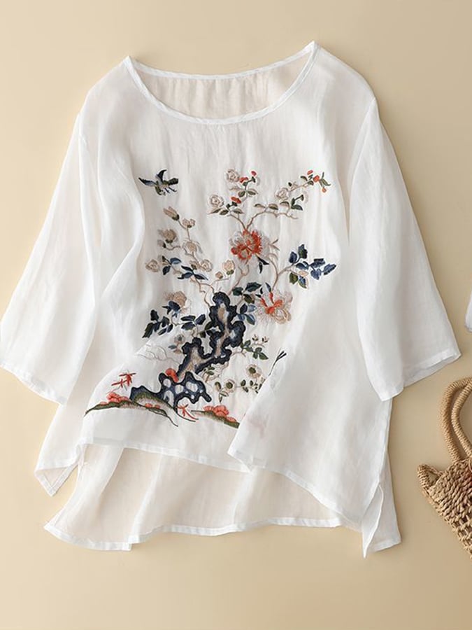 Lovevop Women's Cotton Embroidered Blouse - Loose Fit Round Neck Quarter Sleeve Tunic Top for Casual Wear & Office Outfits | Slimming Shirt for Everyday Comfort