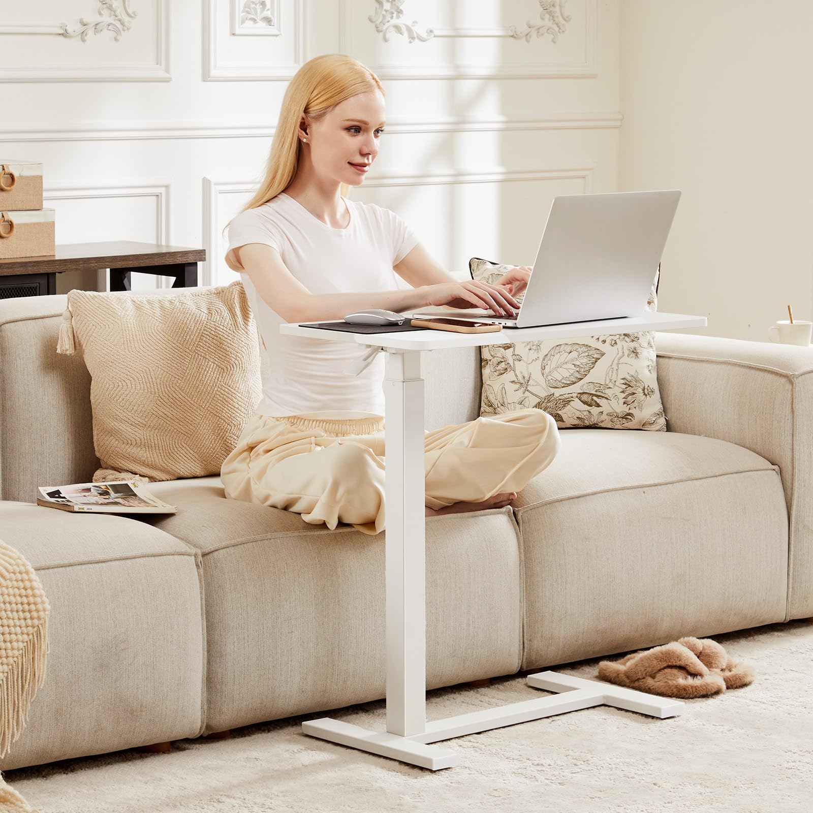 Adjustable Overbed Table with Wheels - Portable Laptop Desk for Bed, Standing Work & Writing | Mobile Rolling Desk with Height Adjustment | Perfect for Hospital, Home Office & Dorm Room (White)