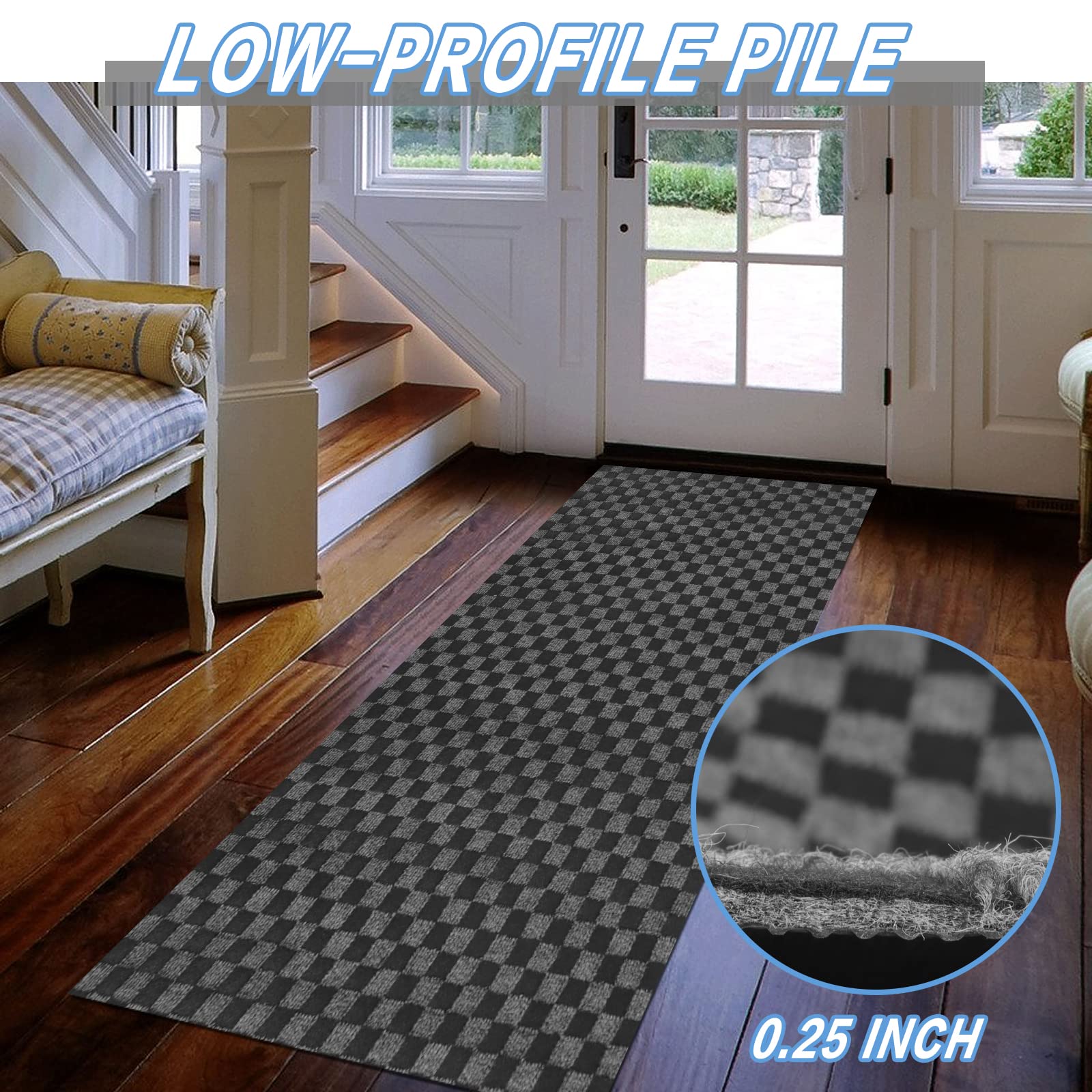FREADEM 3' x 47' Runner Rugs - Non-Slip Indoor Outdoor Carpet for Hallway, Stairs, Entryway - Grey Checkered Design - Perfect for Home, Office, Balcony & Garage Use
