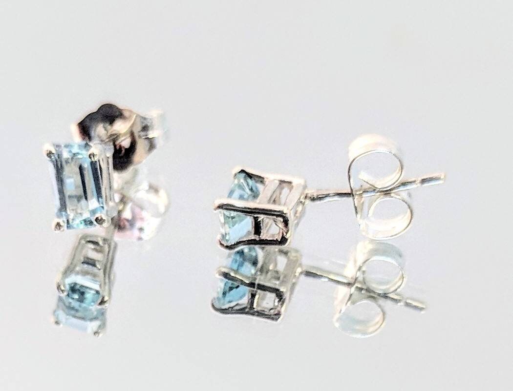 Natural Aquamarine Emerald Cut Stud Earrings - Solid Sterling Silver or 14K Gold (Yellow/White/Rose) - 5x3mm & 10x8mm Birthstone Jewelry - Perfect for March Birthdays, Anniversaries & Everyday Elegance