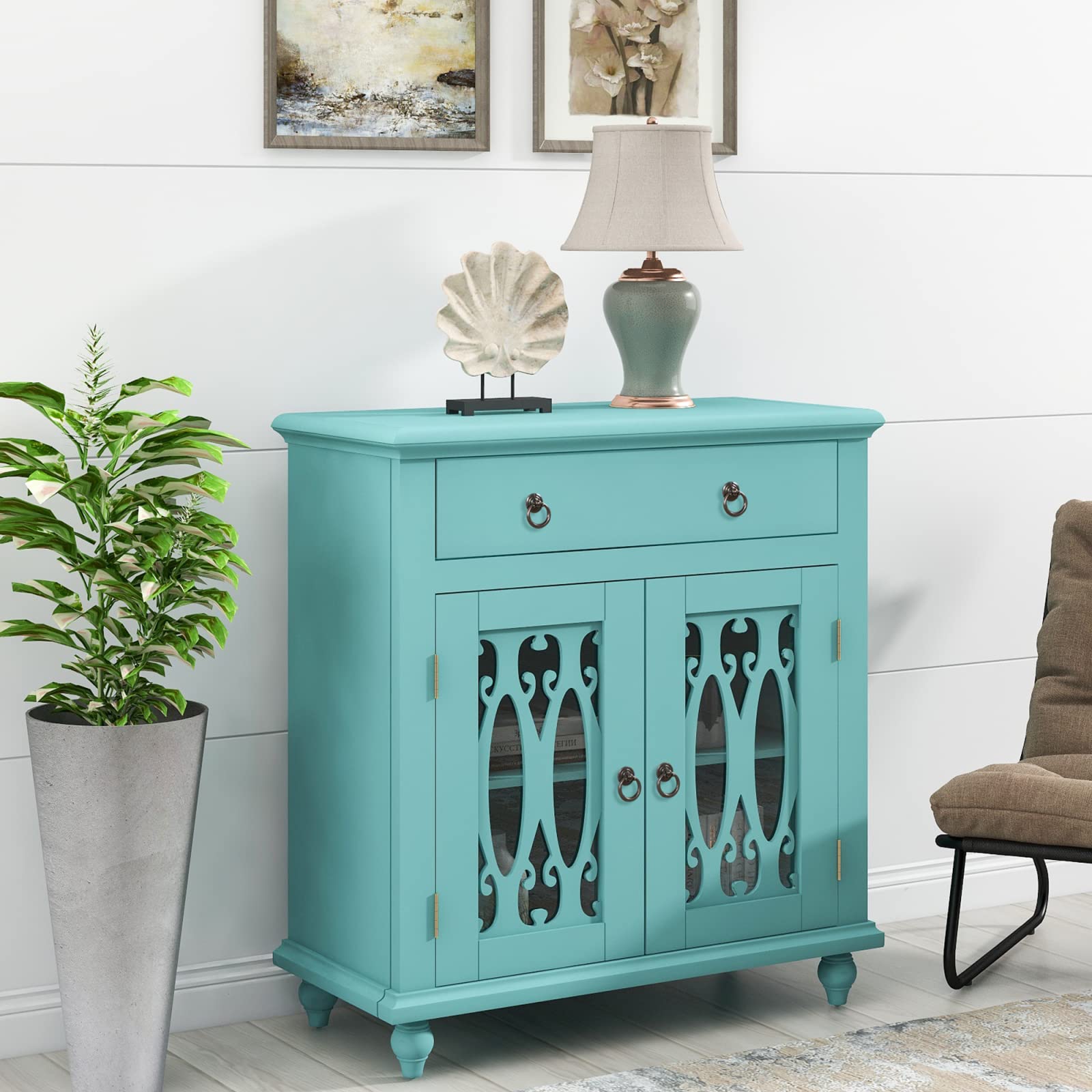 Modern Wood Buffet Cabinet with Storage - Accent Sideboard with Drawer, Glass Doors & Adjustable Shelf - Entryway Table, Bar Cabinet for Living Room, Hallway or Kitchen - Perfect for Dining Room Storage, Home Decor & Entertaining (Green)