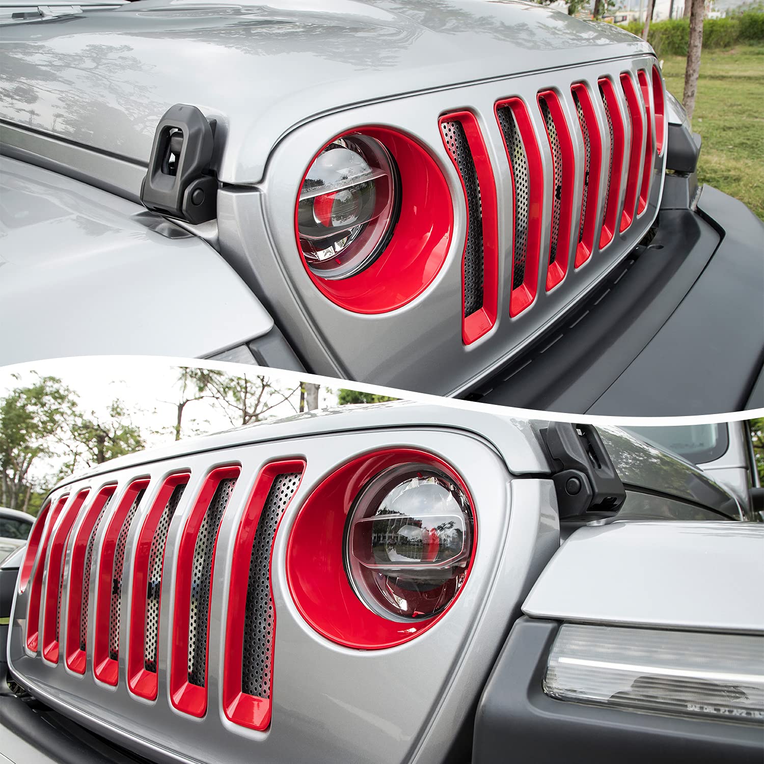 Jeep Wrangler JL Sport/Sahara 2018-2023 Red Mesh Grille Insert & Headlight Turn Signal Cover - Durable Exterior Accessories for Off-Road Adventure & Custom Styling