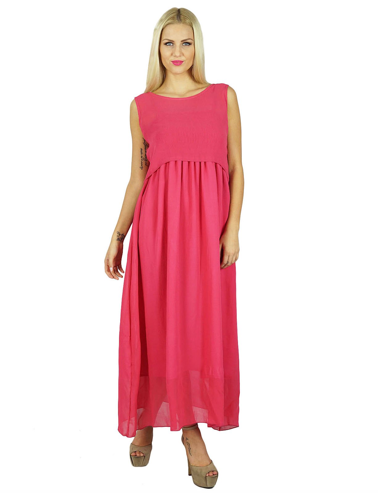 Bimba Women's Long Maxi Dress 2 Piece Set - Flowy Georgette Smocked Gown with Ruffle Sleeves - Perfect for Beach Vacation, Summer Party & Boho Wedding