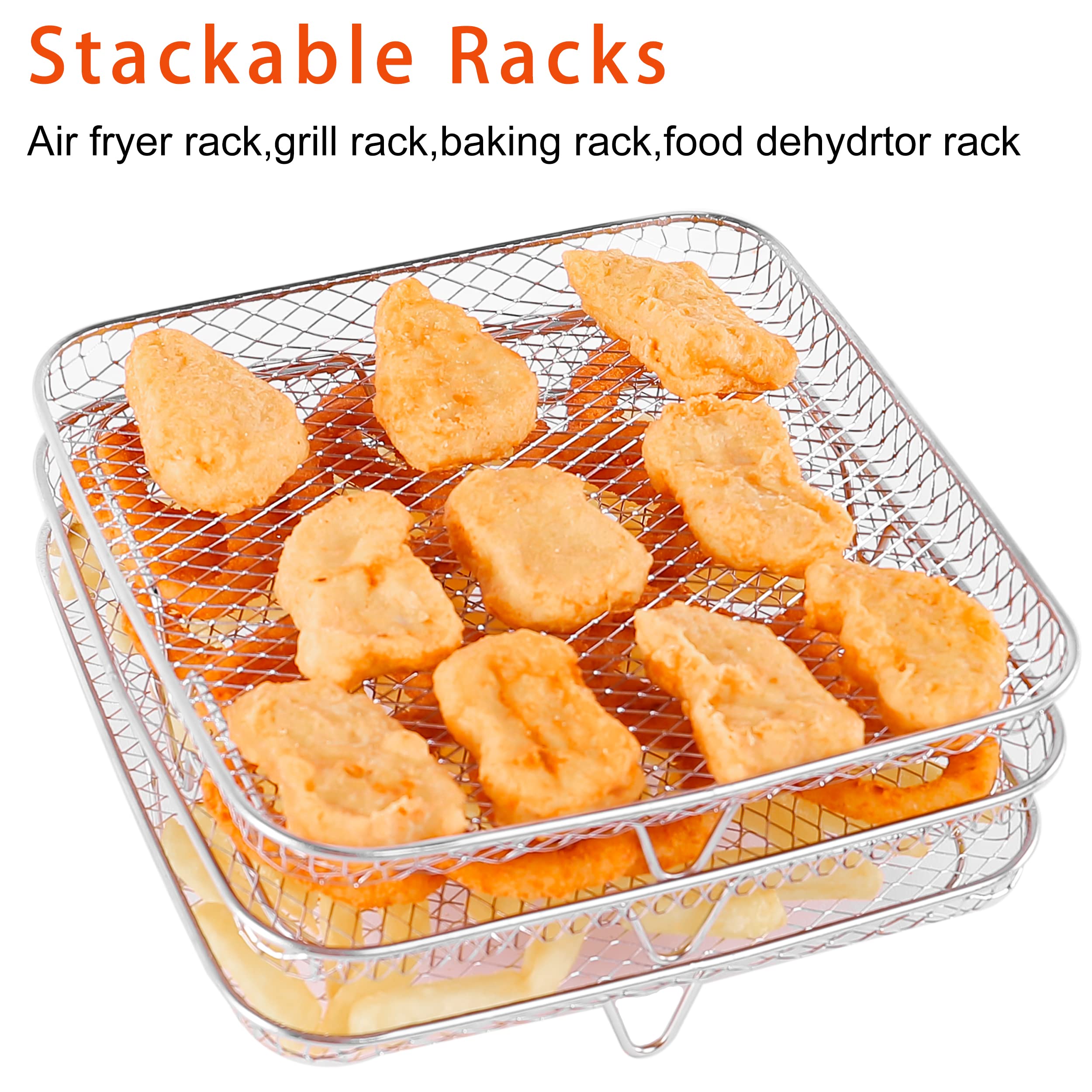 RAMLLY 8 Inch Stainless Steel Air Fryer Rack - 3 Stackable Square Racks for Instant Vortex, Philips, COSORI Air Fryers - Multi-Layer Dehydrator Accessories for Healthy Cooking, Meal Prep & Snack Making