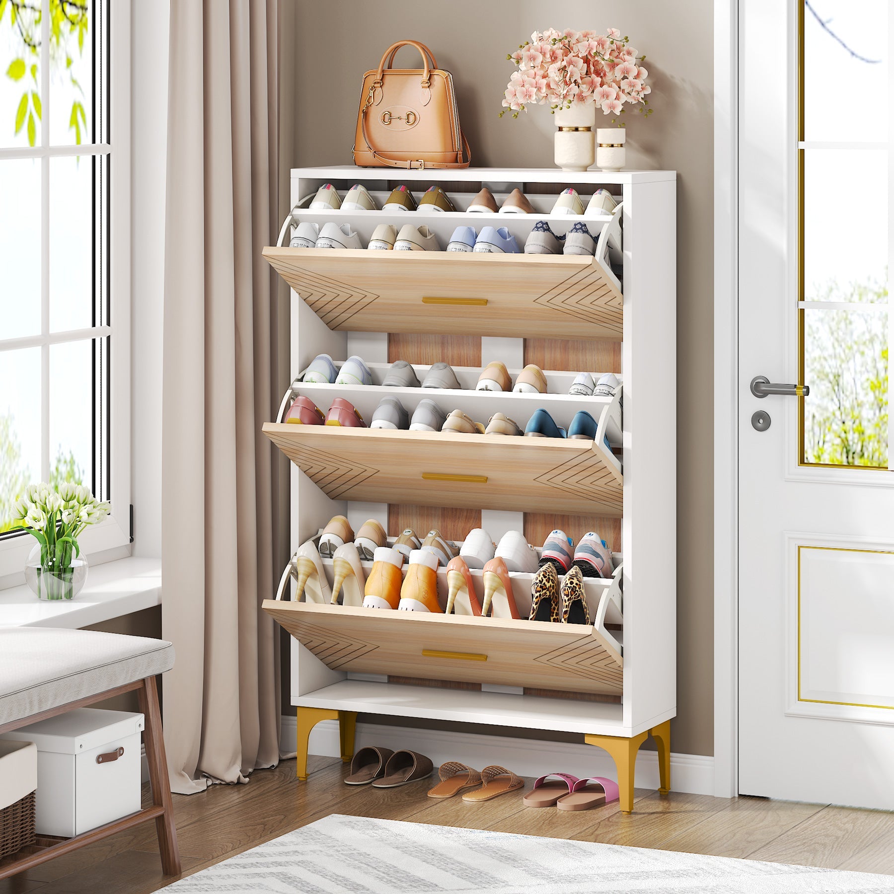 Slim Shoe Cabinet with 3 Flip Drawers - Space Saving Hidden Shoe Rack Organizer for Entryway, Closet & Bedroom Storage