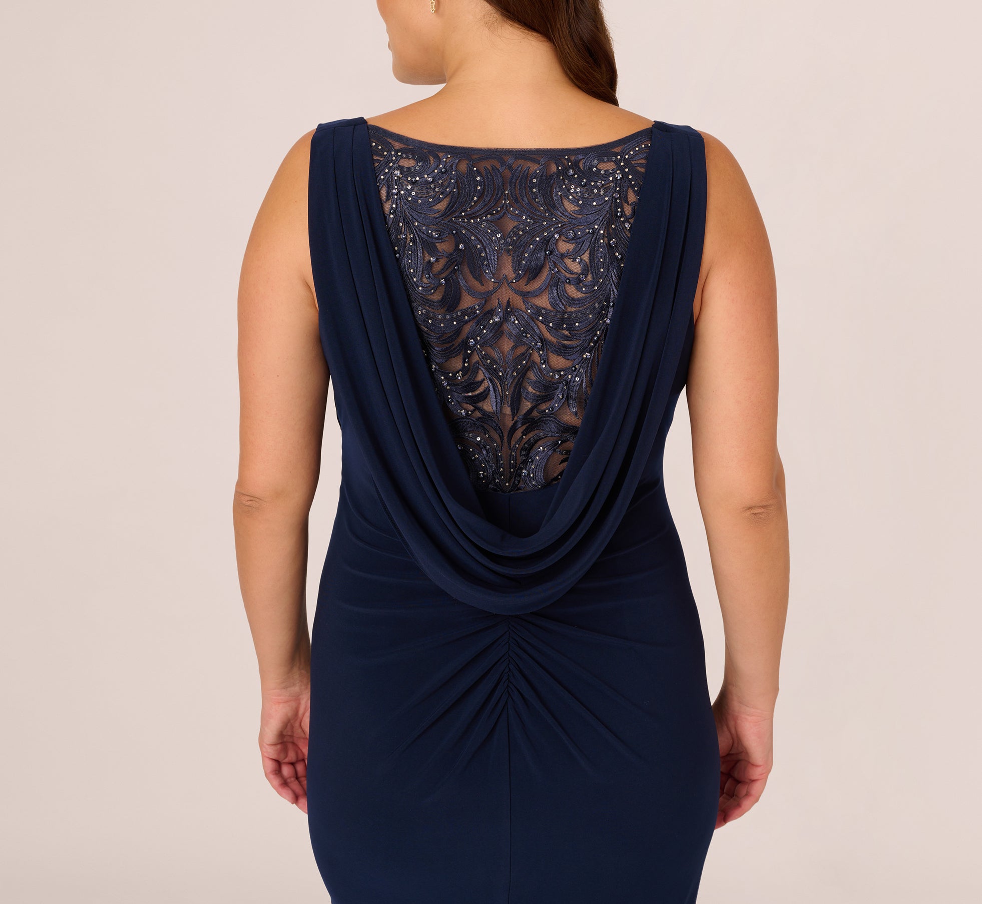 Elegant Plus Size Sleeveless Jersey Gown with Embellished Lace Cowl Back in Midnight - Perfect for Evening Parties, Weddings & Special Occasions