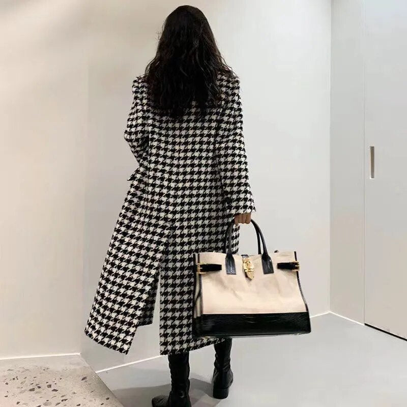 Stylish Women's Houndstooth Faux Wool Jacket - Korean Style Elegant Single-Breasted Long Overcoat for Autumn & Winter | Warm Thick Blend Outerwear for Office, Dating & Casual Outings