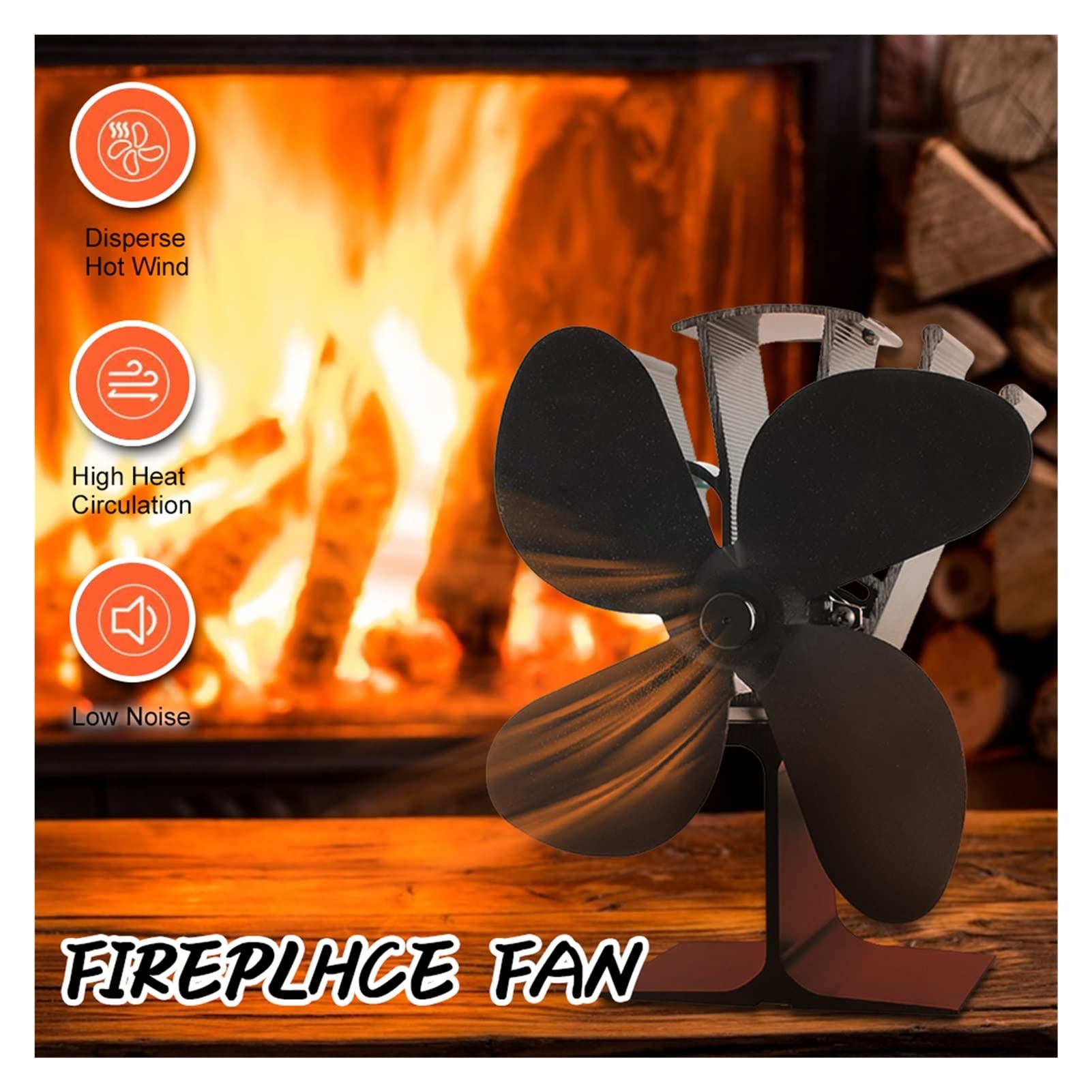 Black Heat Powered Fireplace Fan - 4 Blade Stove Fan for Wood Burner, Efficient & Quiet Heat Distribution - Perfect for Home, Cabin, and Fireplace Use (Color: Black)