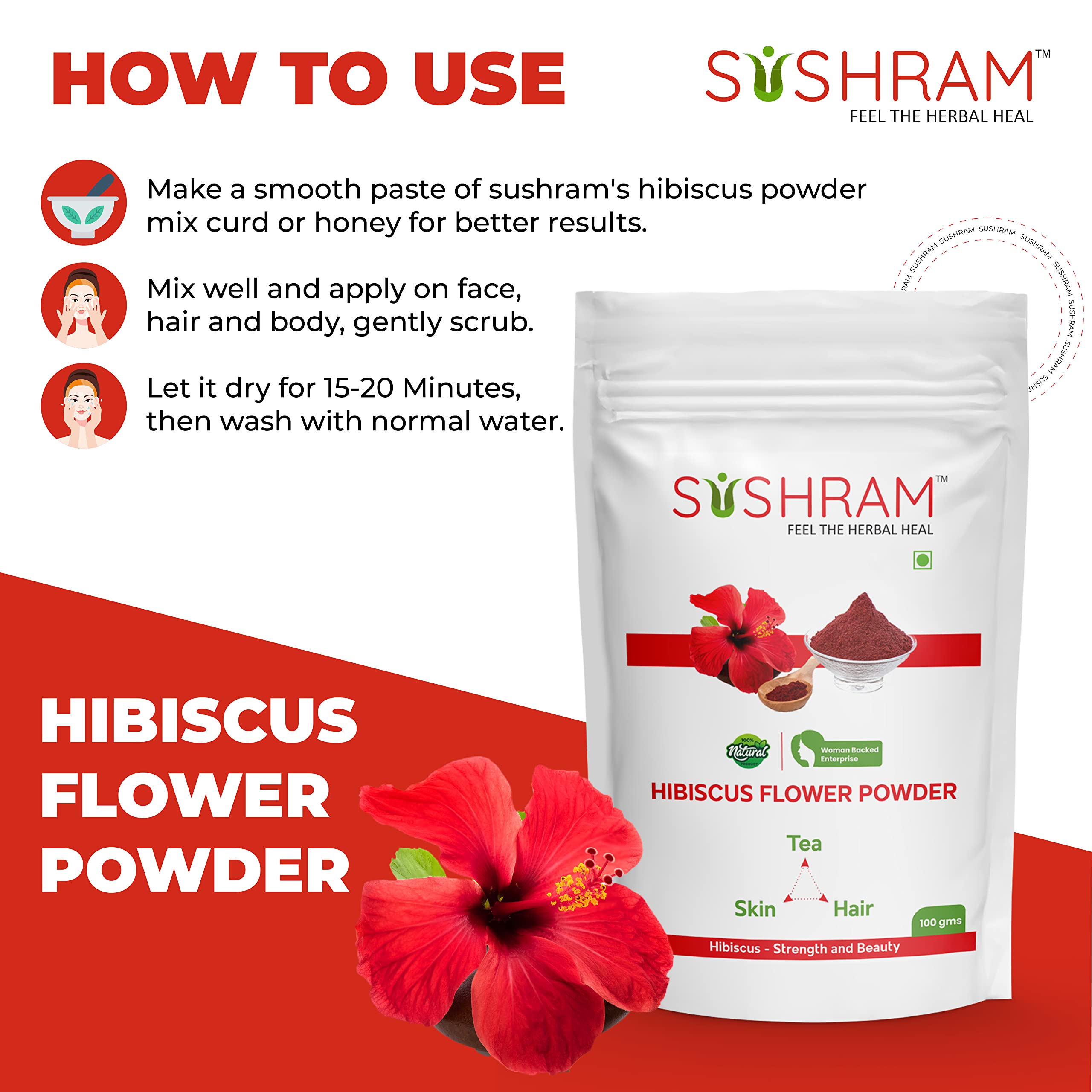 Sushram's 100% Pure Natural Hibiscus Flower Powder for Hair & Skin Care, Organic Hibiscus Tea - DIY Beauty Treatments & Healthy Herbal Drinks