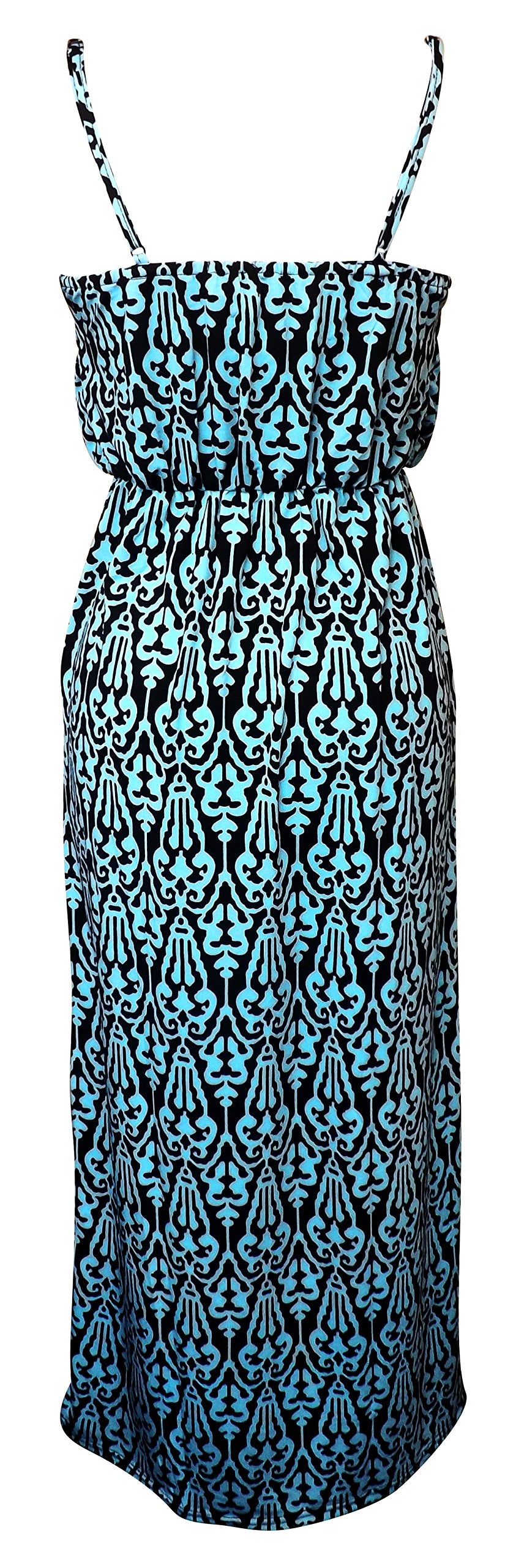 Women's Floral Damask Print Sleeveless Blouson Maxi Dress - Blue & Black - Medium Size - Perfect for Spring/Summer Weddings, Beach Vacations & Casual Outings