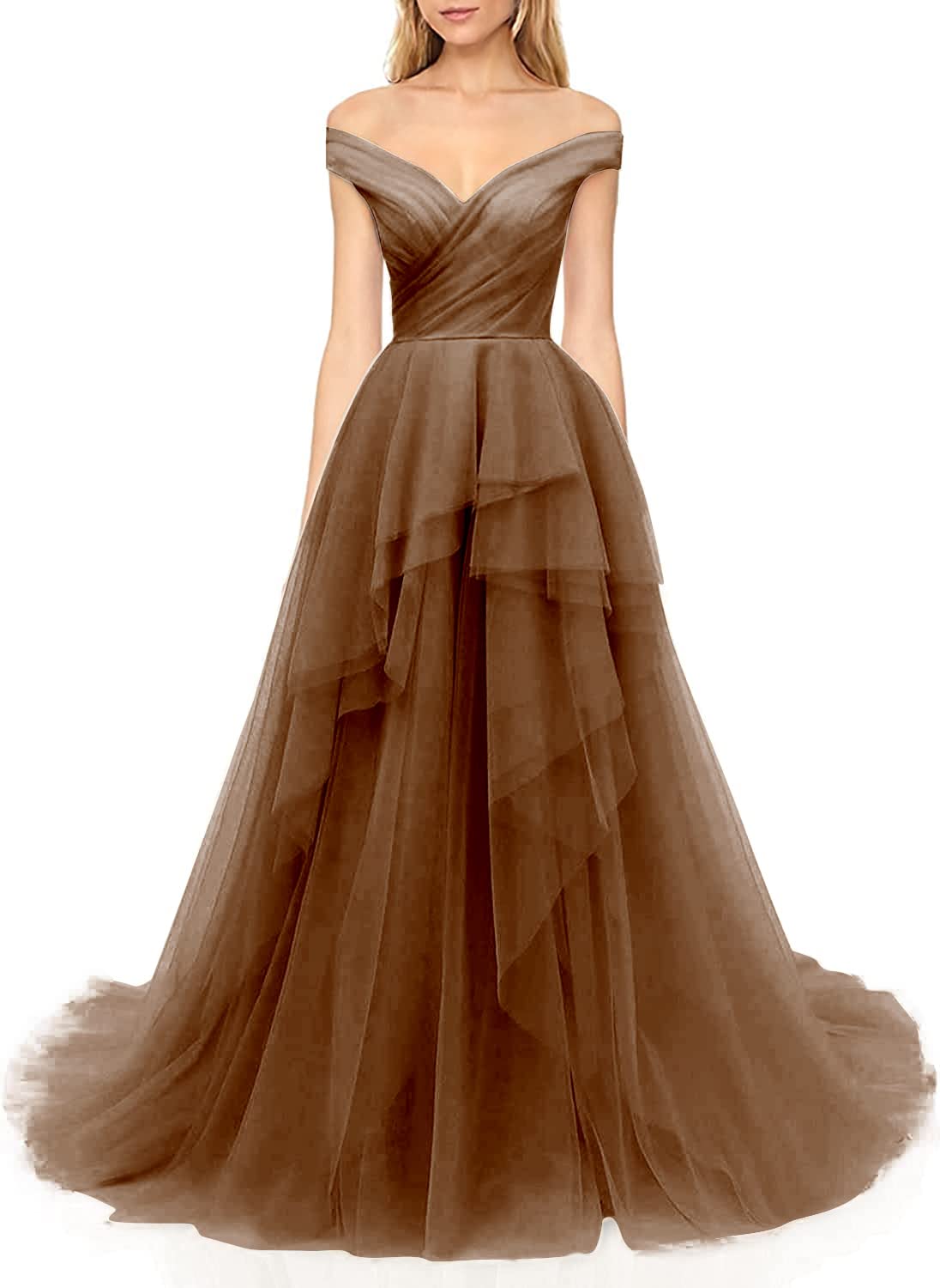 Elegant Off Shoulder Tulle Prom Dress - Tiered Pleated Long Ball Gown for Women | Formal Evening Gown for Homecoming, Quinceañera & Wedding Guest Dresses