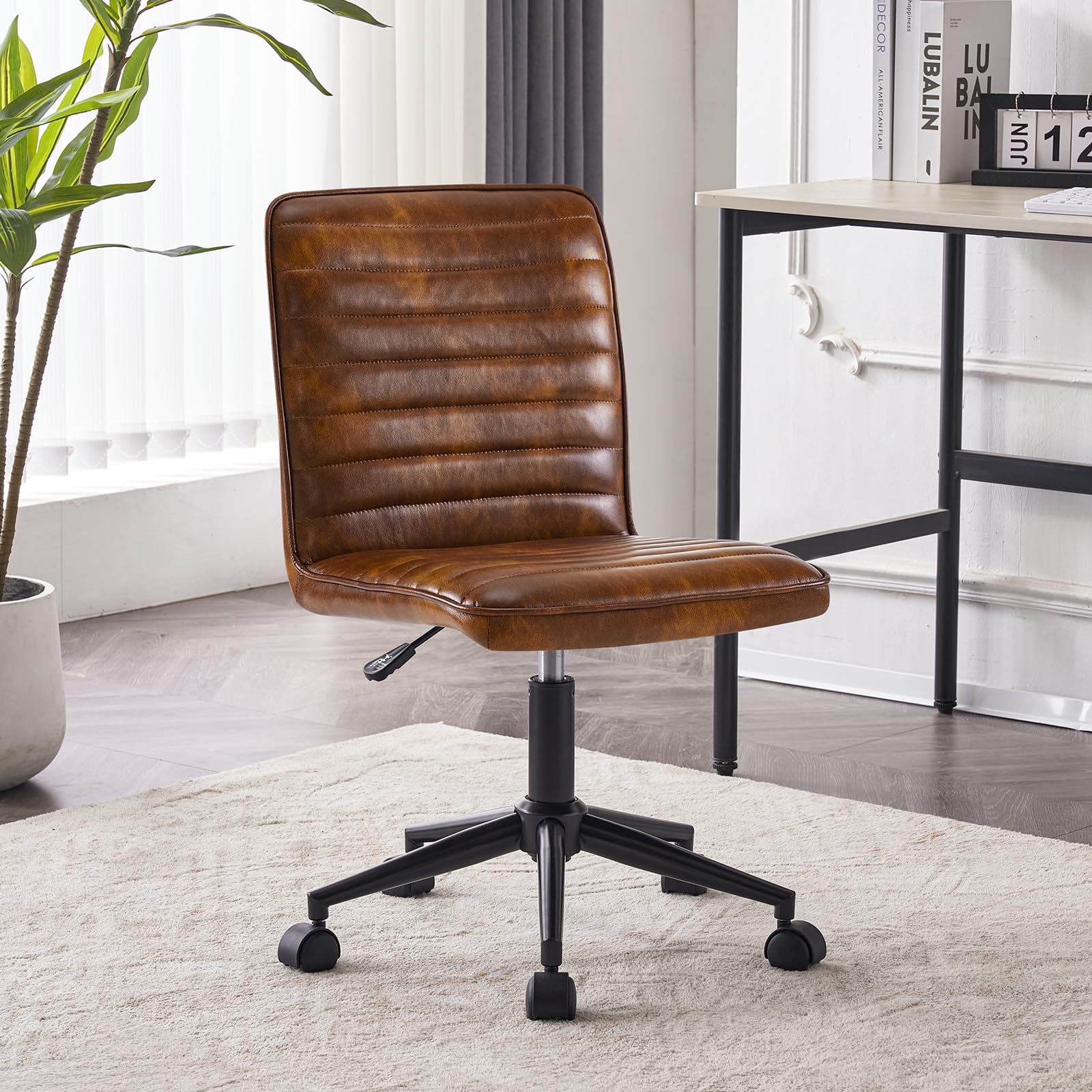 Ergonomic Armless Office Desk Chair - Faux Leather Upholstered Mid-Back Task Chair with 360° Swivel & Height Adjustment - Perfect for Home Office, Study Room & Teen Workspace (Dust Yellow)