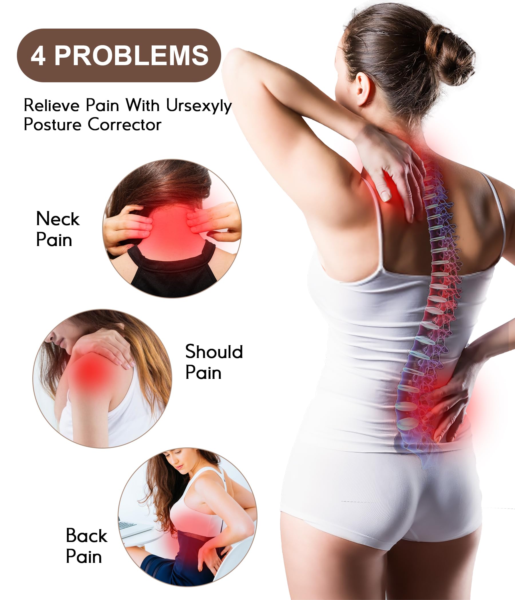 URSEXYLY Adjustable Back Brace & Posture Corrector for Women - Upper & Lower Back Pain Relief, Spine Support, Shoulder Straightener (Black, Medium) - Perfect for Office Work, Driving & Daily Posture Improvement