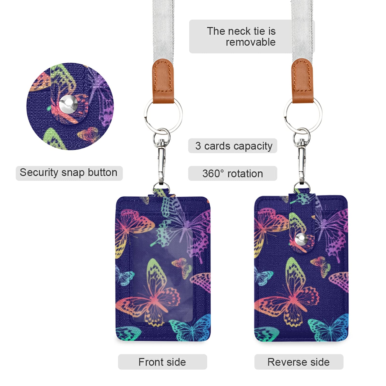 Rainbow Butterflies ID Badge Holder - Vertical Leather with Lanyard for Office & School Staff