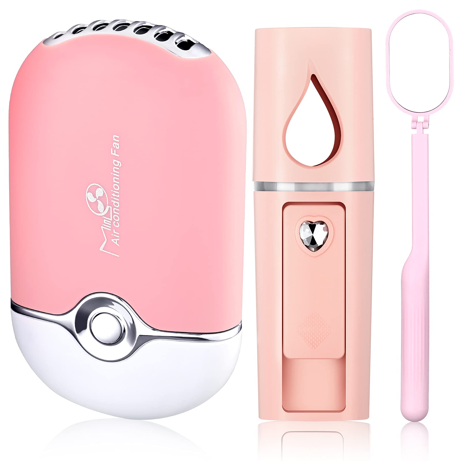 Honoson 3 Pcs Nano Mister for Lash Extensions, Mini USB Lash Fan Dryer, Handheld Eyelash Mirror & Portable Facial Steamer with 20ml Water Tank (Heart Style, Pink) - Perfect for Salon, Home & Travel Eyelash Care