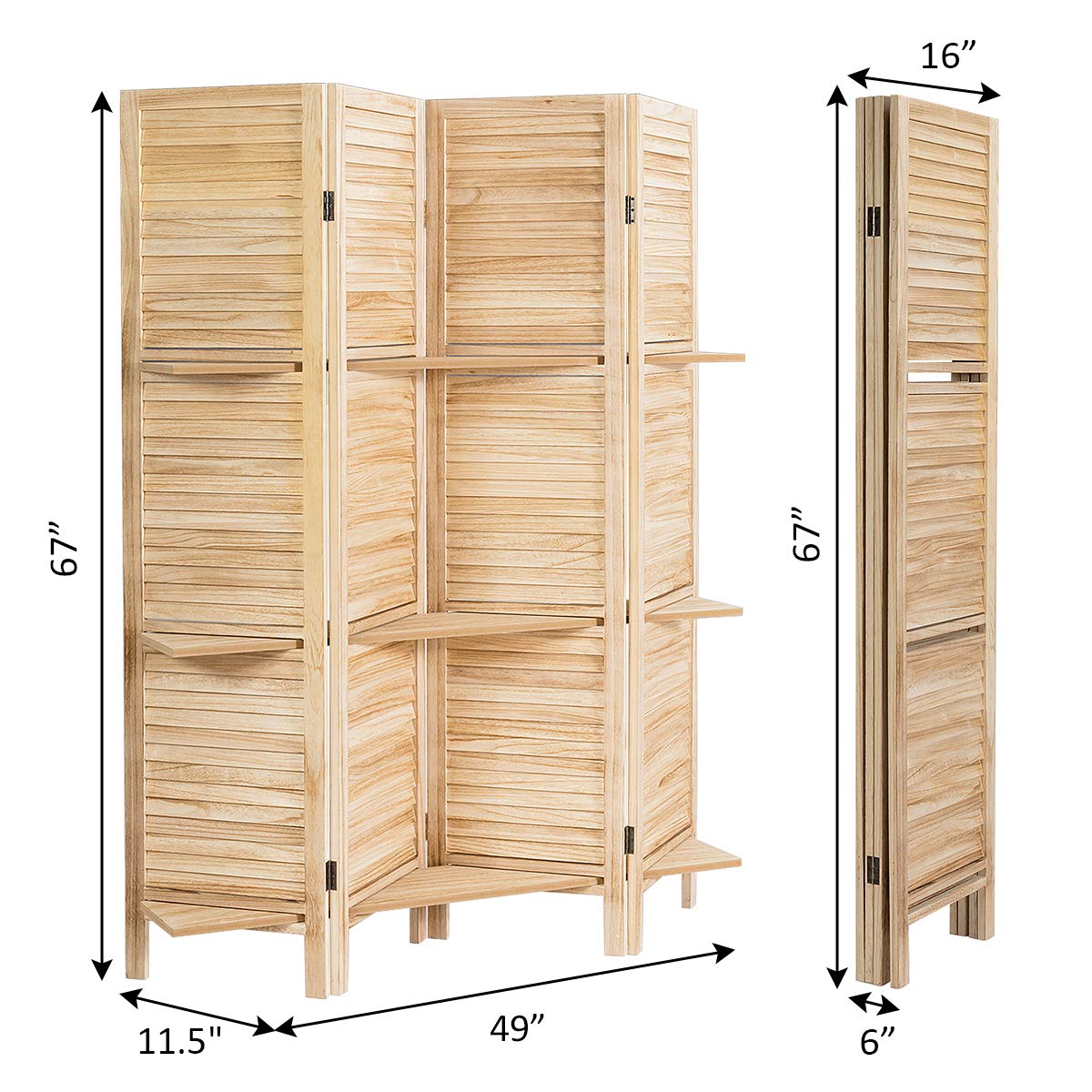 Giantex 4-Panel Room Divider with Shelves - 5.6Ft Foldable Privacy Screen & Partition Wall - Natural Wood Finish - Perfect for Home Office, Bedroom Separation, and Studio Privacy