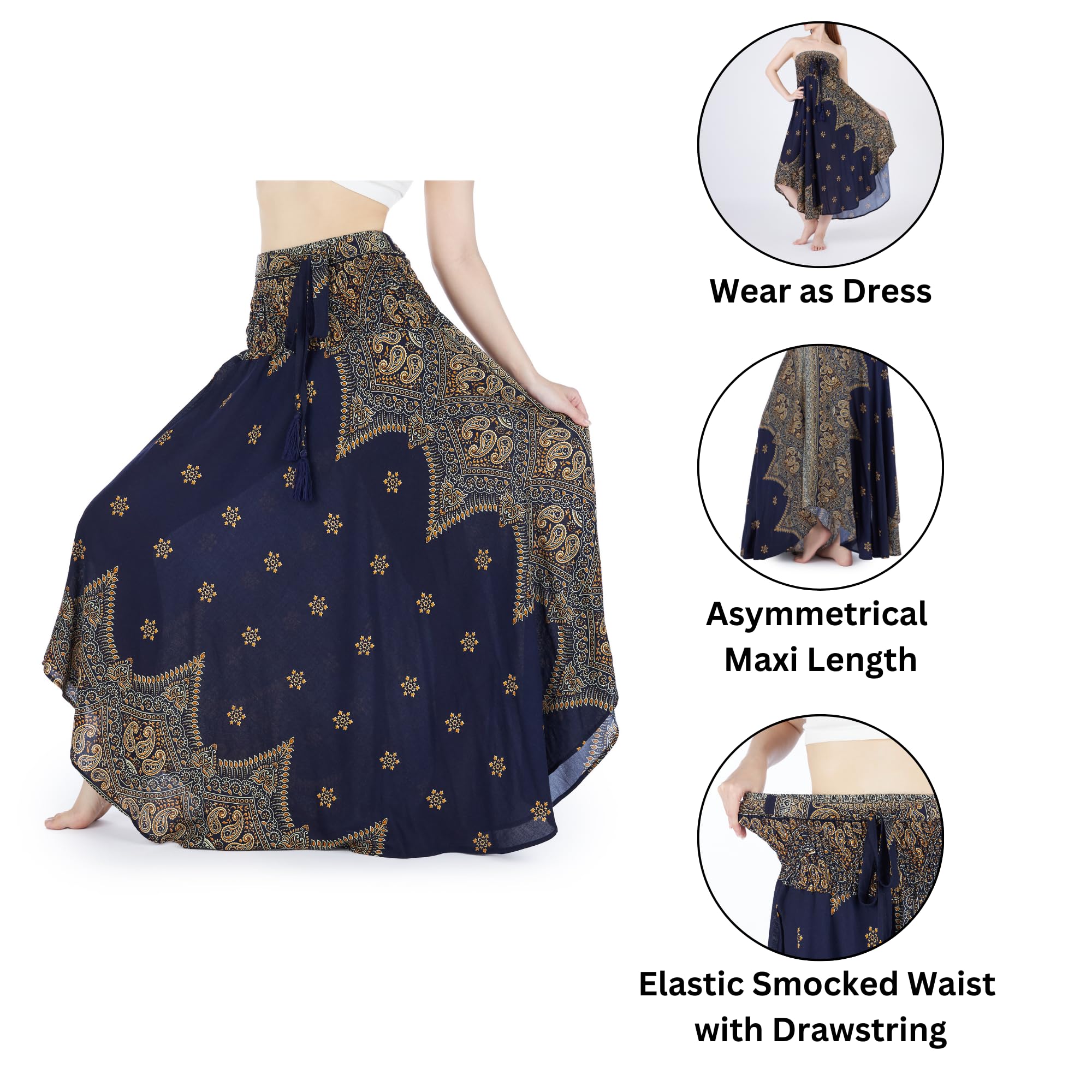 LannaClothesDesign Women's Bohemian Maxi Skirt - Flowy Long Gypsy Hippie Style Boho Skirt for Summer, Beach, Music Festivals & Casual Wear