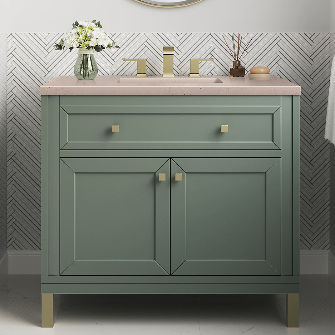 James Martin Vanities Chicago Collection 36 Inch Single Bathroom Vanity in Smokey Celadon with Countertop Options - Modern Farmhouse Style for Small Bathrooms & Powder Rooms