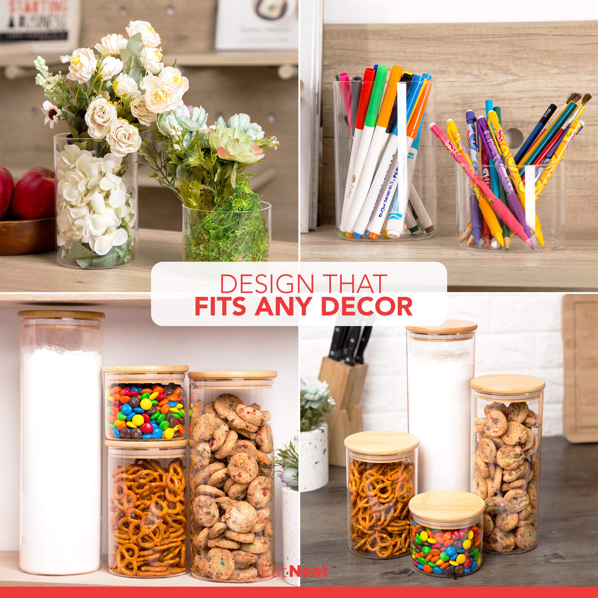 EatNeat 4-Piece Glass Canister Set with Airtight Bamboo Lids - Clear Kitchen Storage Containers for Flour, Sugar, Coffee & Dry Food - Modern Pantry Organization Jars - Natural Finish Countertop Decor for Home & Restaurant Use
