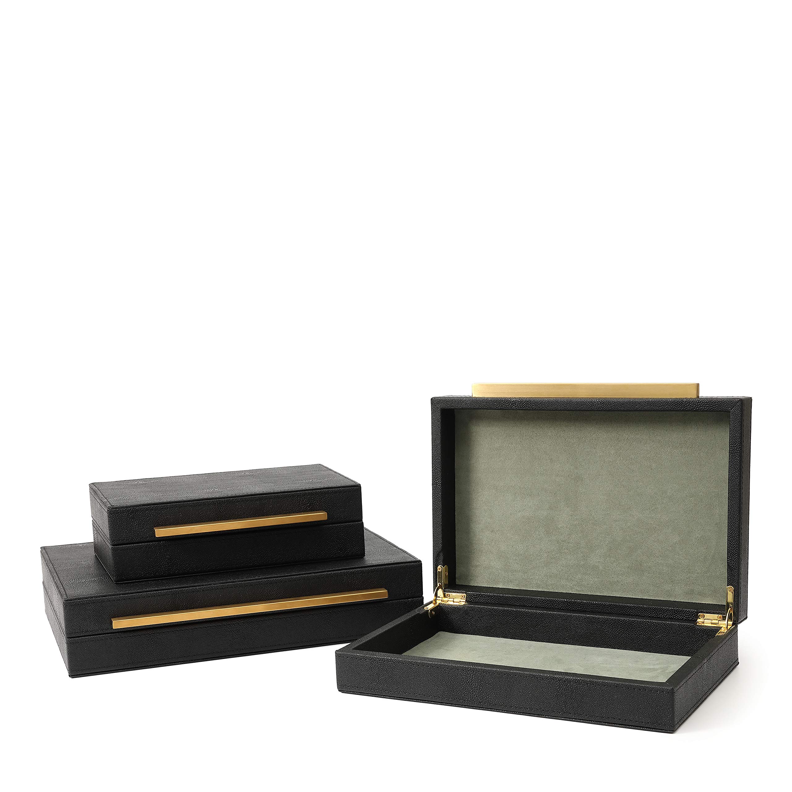 Kingflux Faux Black Shagreen Leather Decorative Storage Box Set - 3 Piece Jewelry & Accessory Organizer for Men & Women - Perfect for Dresser, Vanity, Nightstand & Home Decor (Black)