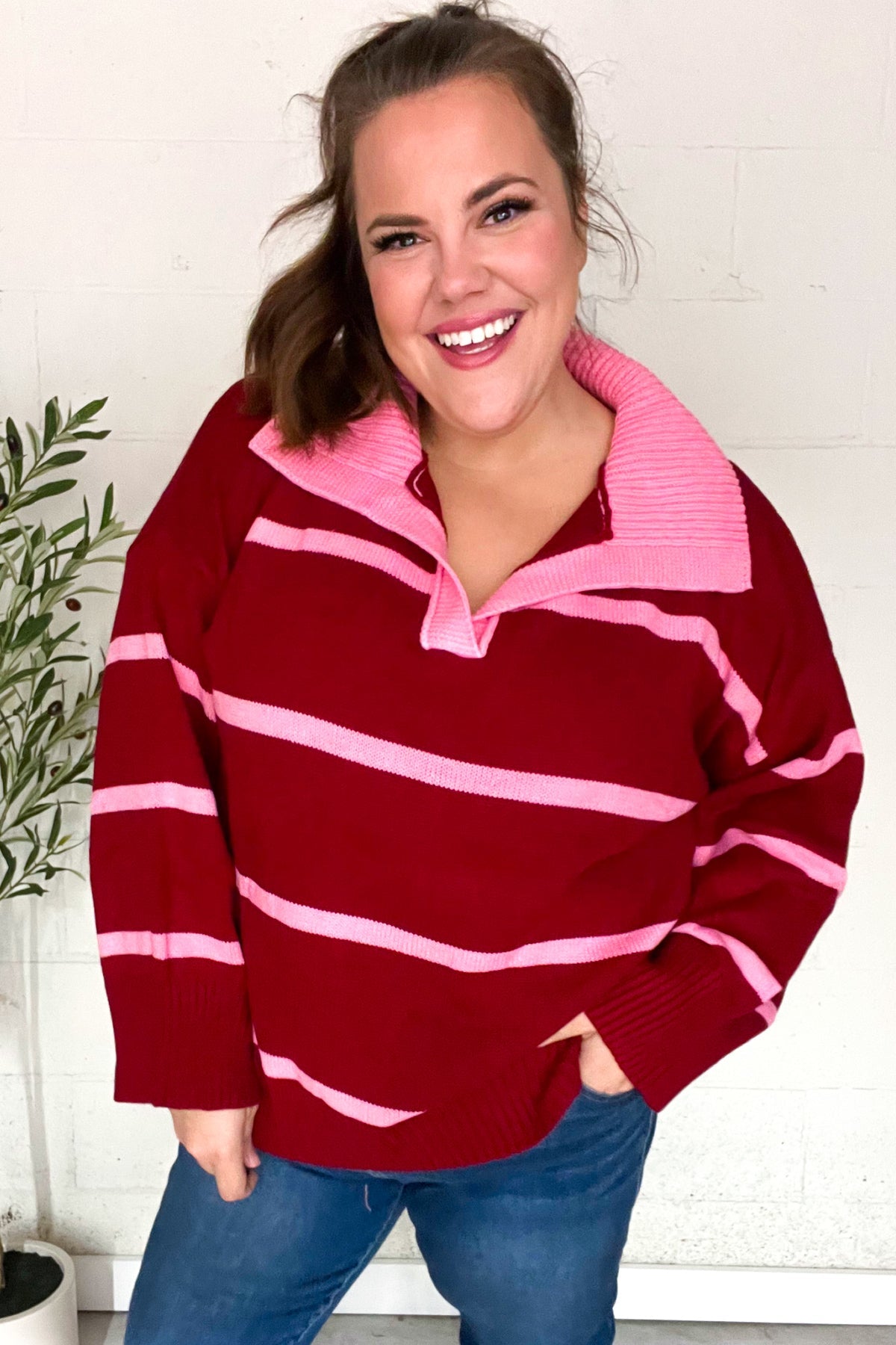 Fall For You Crimson Stripe Notched Neck Collared Oversized Sweater - Women's Cozy Knit Pullover for Autumn & Winter | Perfect for Casual Outfits, Date Nights & Holiday Gatherings