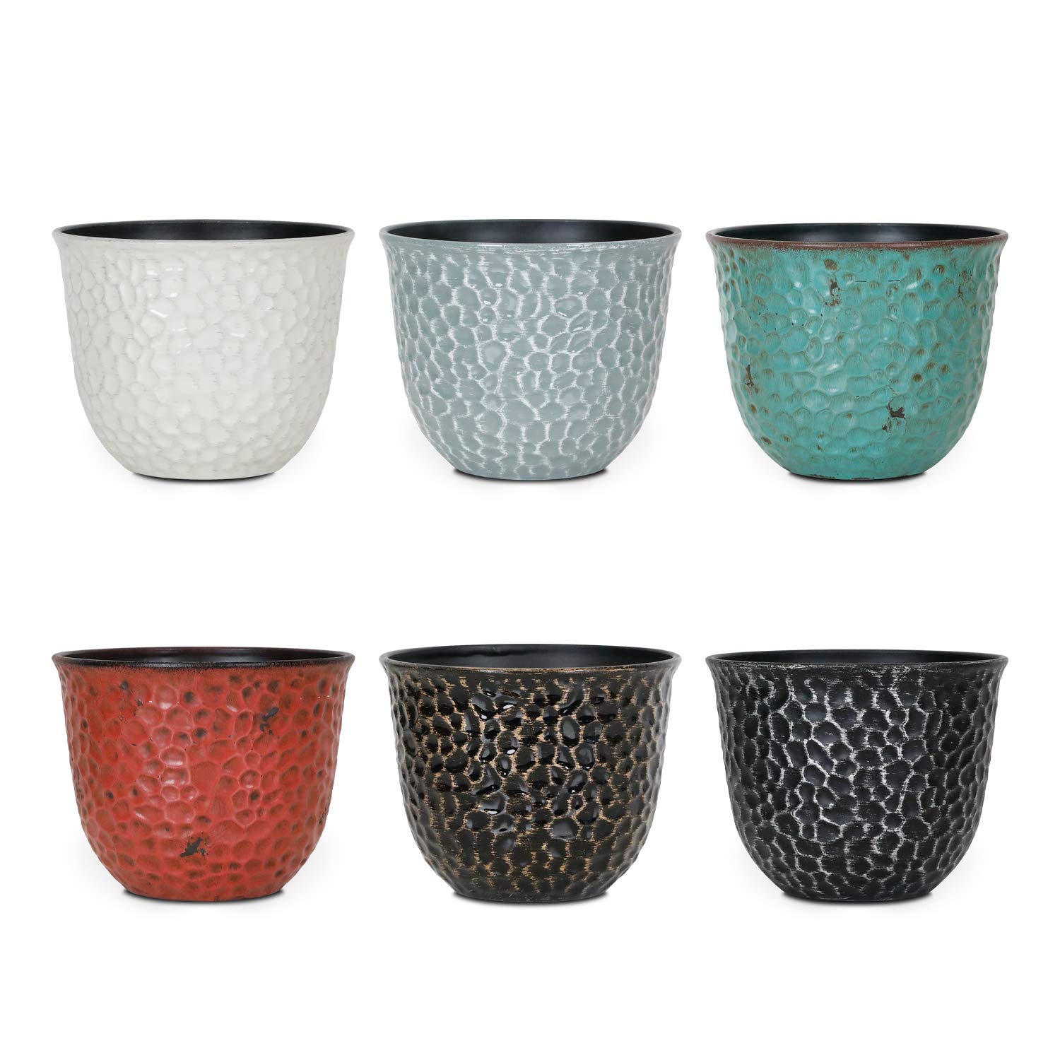 Worth Garden 8-Inch Plastic Round Planters for Indoor & Outdoor Plants - Set of 6 Colorful Resin Flower Pots with Drainage Hole & Rubber Plug - Retro Home Decor for Christmas, Living Room, Patio & Garden Decorations