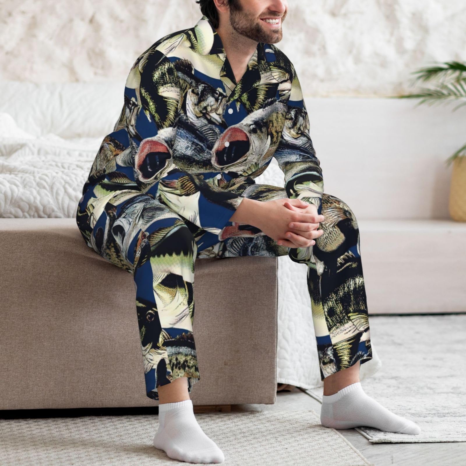 Men's Fish Print Pajama Set - Long Sleeve Button Down Sleepwear with Pockets | Comfortable Lounge Wear for Home, Travel & Relaxation