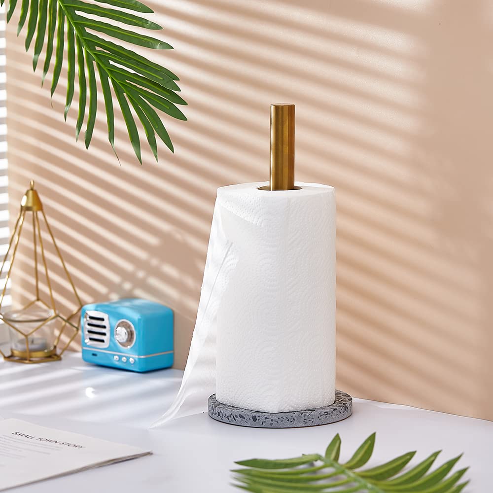 Stainless Steel Kitchen Paper Towel Holder with Golden Roll & Terrazzo Base - Countertop Organizer for Kitchen, Bathroom, Office (Light Grey) - Perfect for Modern Homes & Restaurants