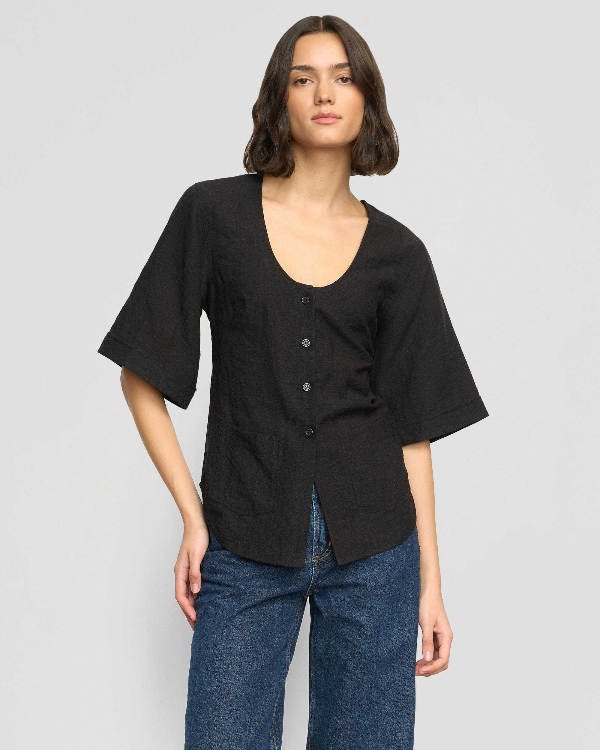 Katniss Pocket Tulip Hem Blouse - Women's Floral Print Tunic Top for Casual Wear & Office Outfits