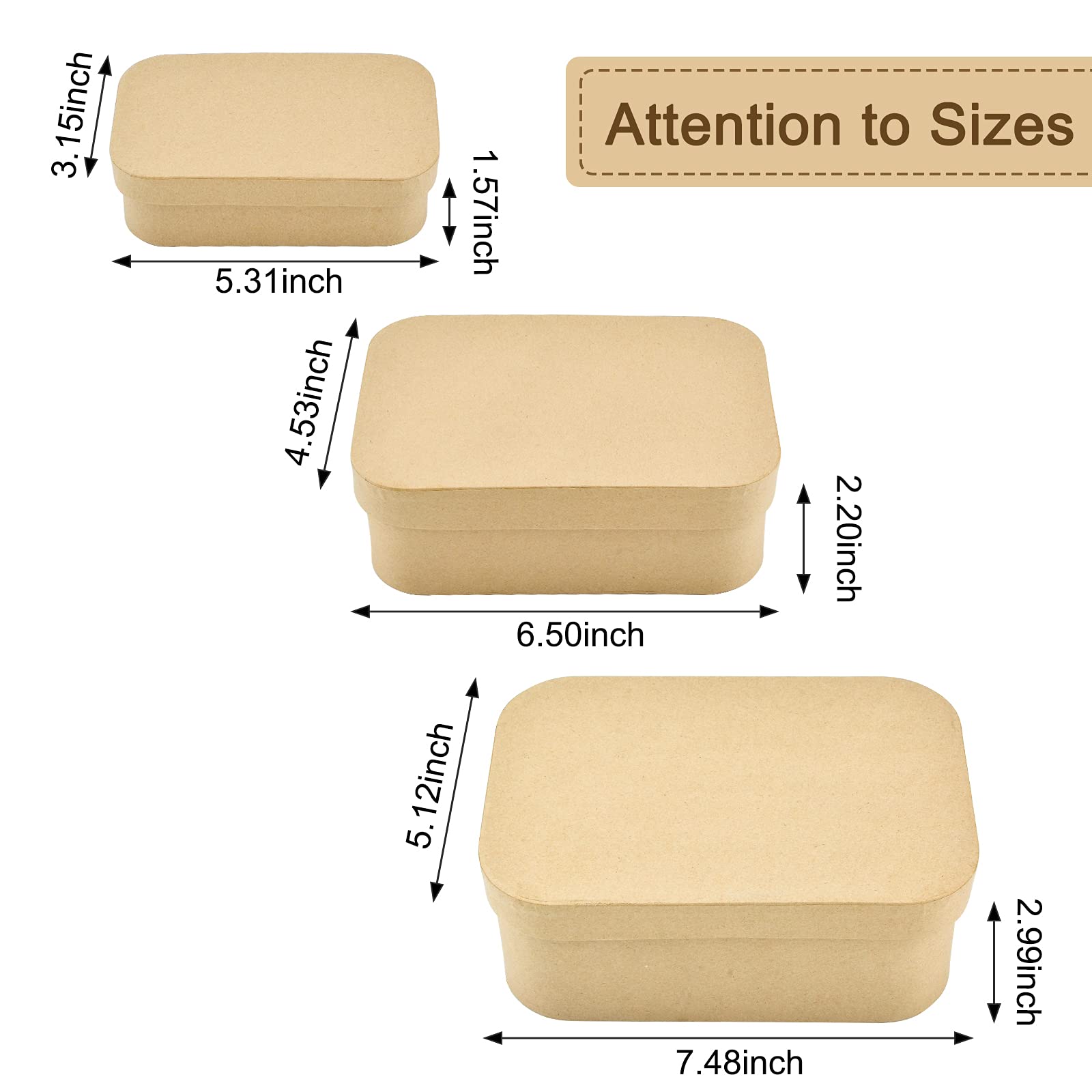 WANDIC Set of 3 Kraft Paper Mache Storage Boxes - Rectangular Hat Boxes with Rounded Corners for DIY Painting, Crafting, Jewelry & Cosmetics Organization | Perfect for Home Decor, Gift Wrapping & Wedding Favors
