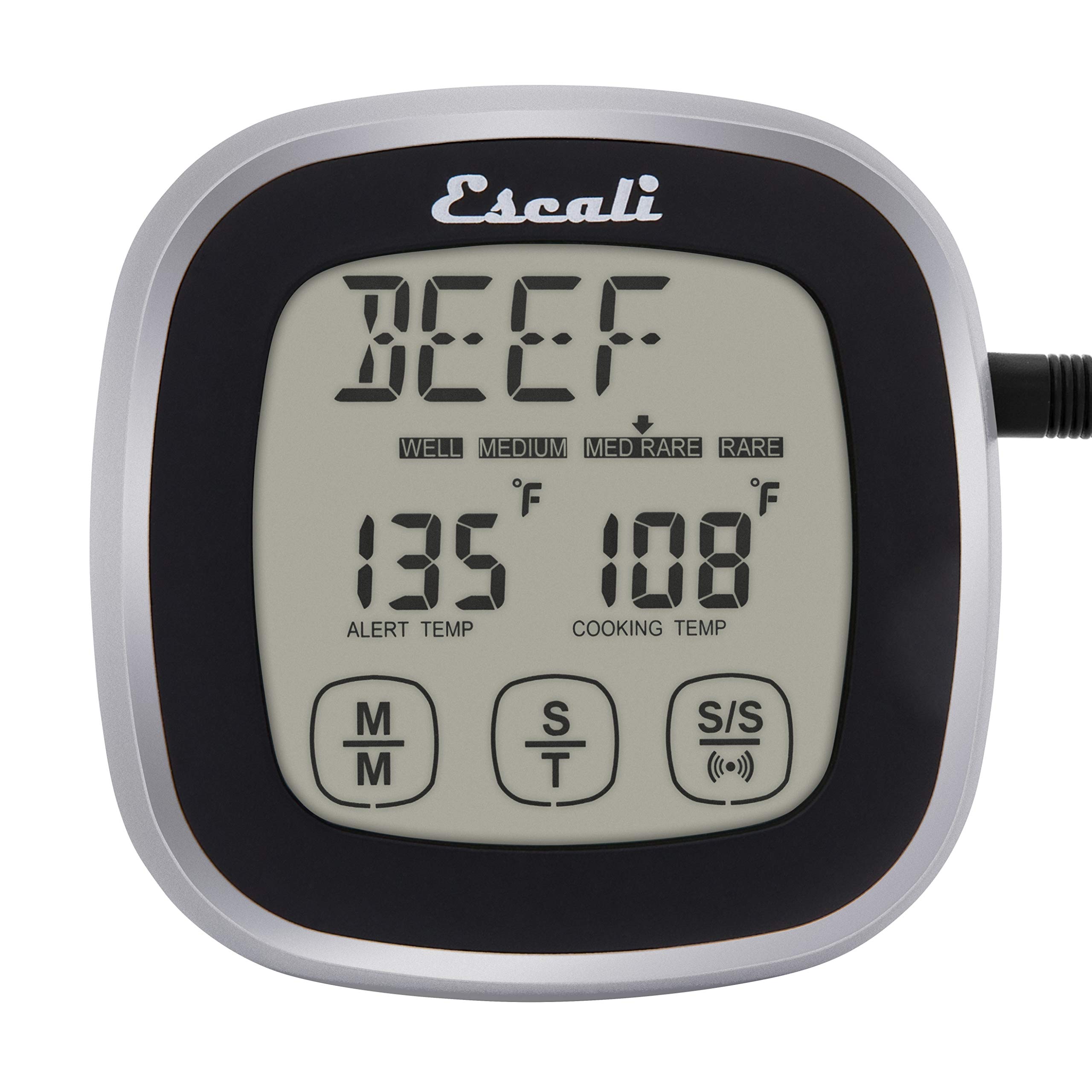 Escali Digital Kitchen Timer with Touch Screen LCD Display, Stainless Steel Probe & Temperature Alert - Oven Safe, Black - Perfect for Baking, Cooking, and Grilling