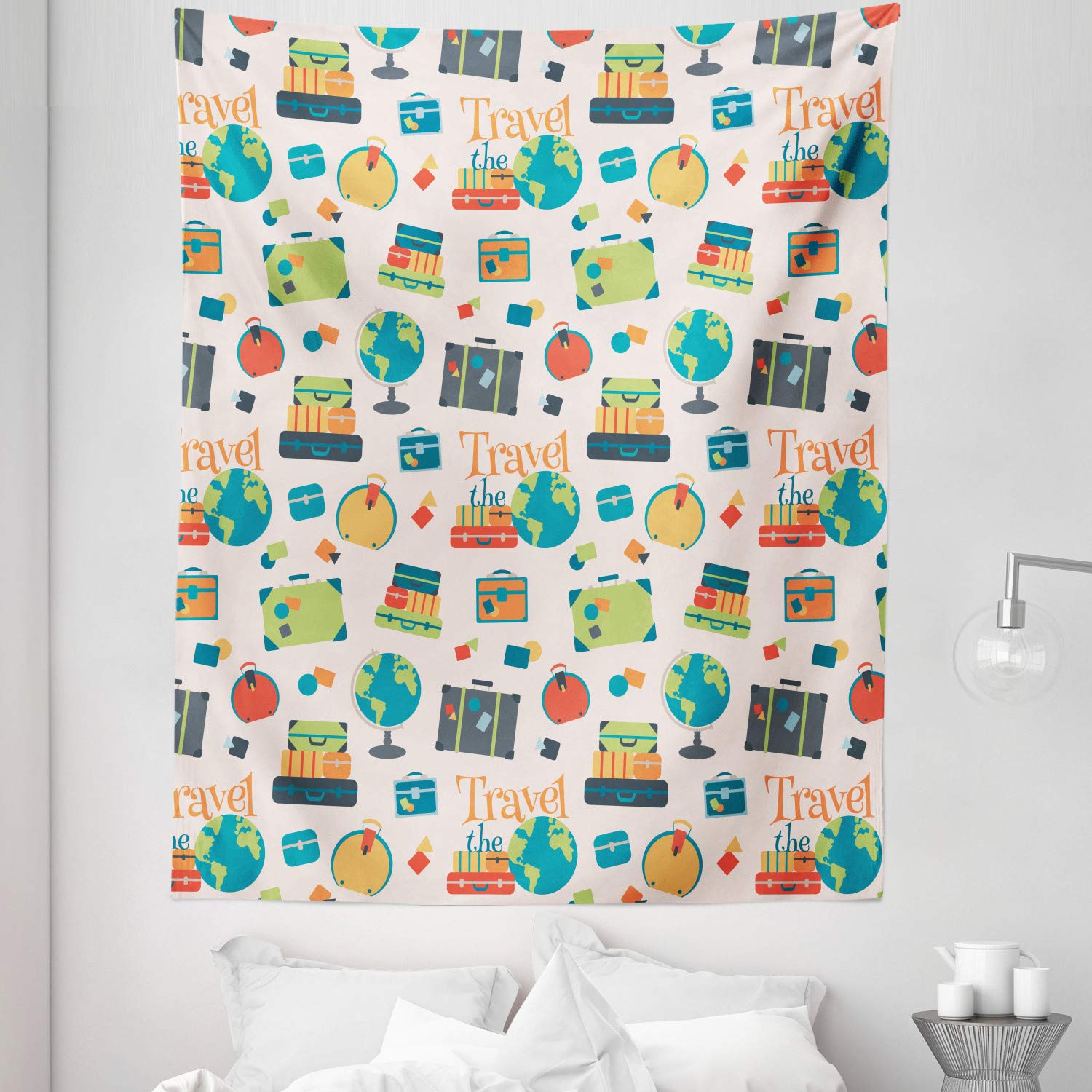 Ambesonne Travel The World Tapestry - Twin Size Wall Hanging with Colorful Suitcases & Globe Design - 68x88 Inch Multicolor Wall Decor for Bedroom, Dorm, Living Room - Perfect for Travel Enthusiasts & Home Decoration