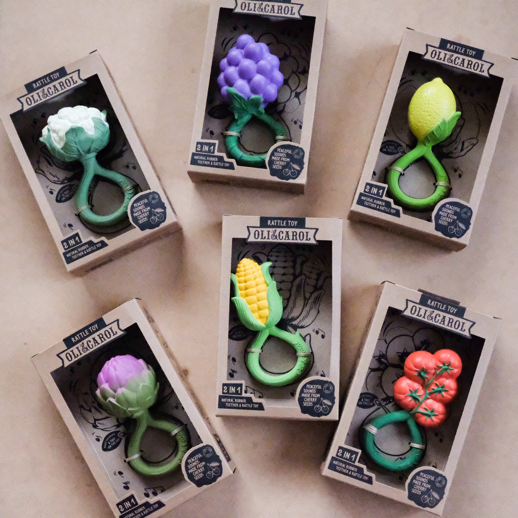 Oli & Carol Natural Rubber Fruit and Veg Rattle Toy - Safe Baby Teether for Newborns & Infants | Organic Sensory Learning Toy for Early Development | Perfect for Playtime, Teething Relief, and Baby Shower Gifts