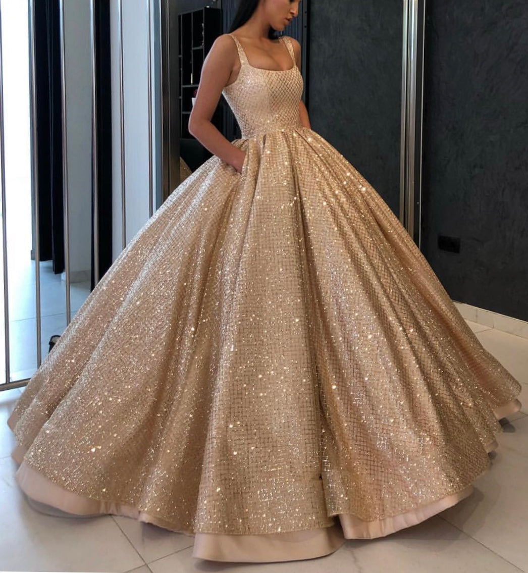 Sparkling Gold Sequins Satin Ball Gown Wedding Dress - Elegant A-Line Prom Dress for Brides, Evening Gowns & Formal Events