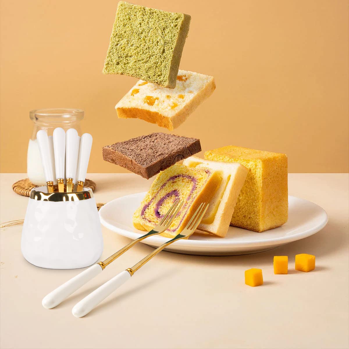 8-Pack Gold Dessert Forks - Stainless Steel Flatware with Ceramic Jar Holder - 6