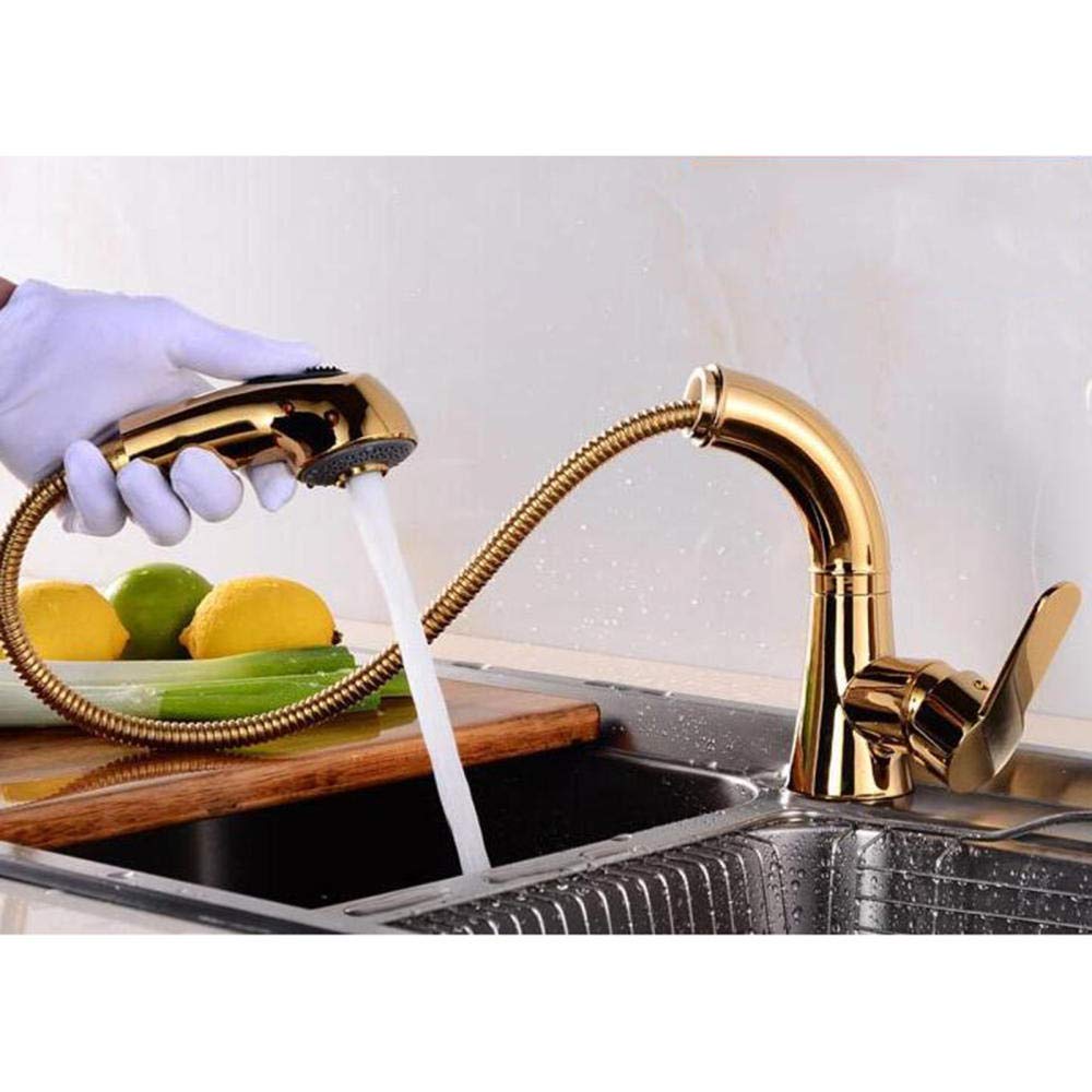 Premium Gold Pull Down Kitchen Faucet with Sprayer - Brass Hot & Cold Water Sink Tap with Telescopic Rotating Spout - Perfect for Modern Kitchens & Bar Sinks