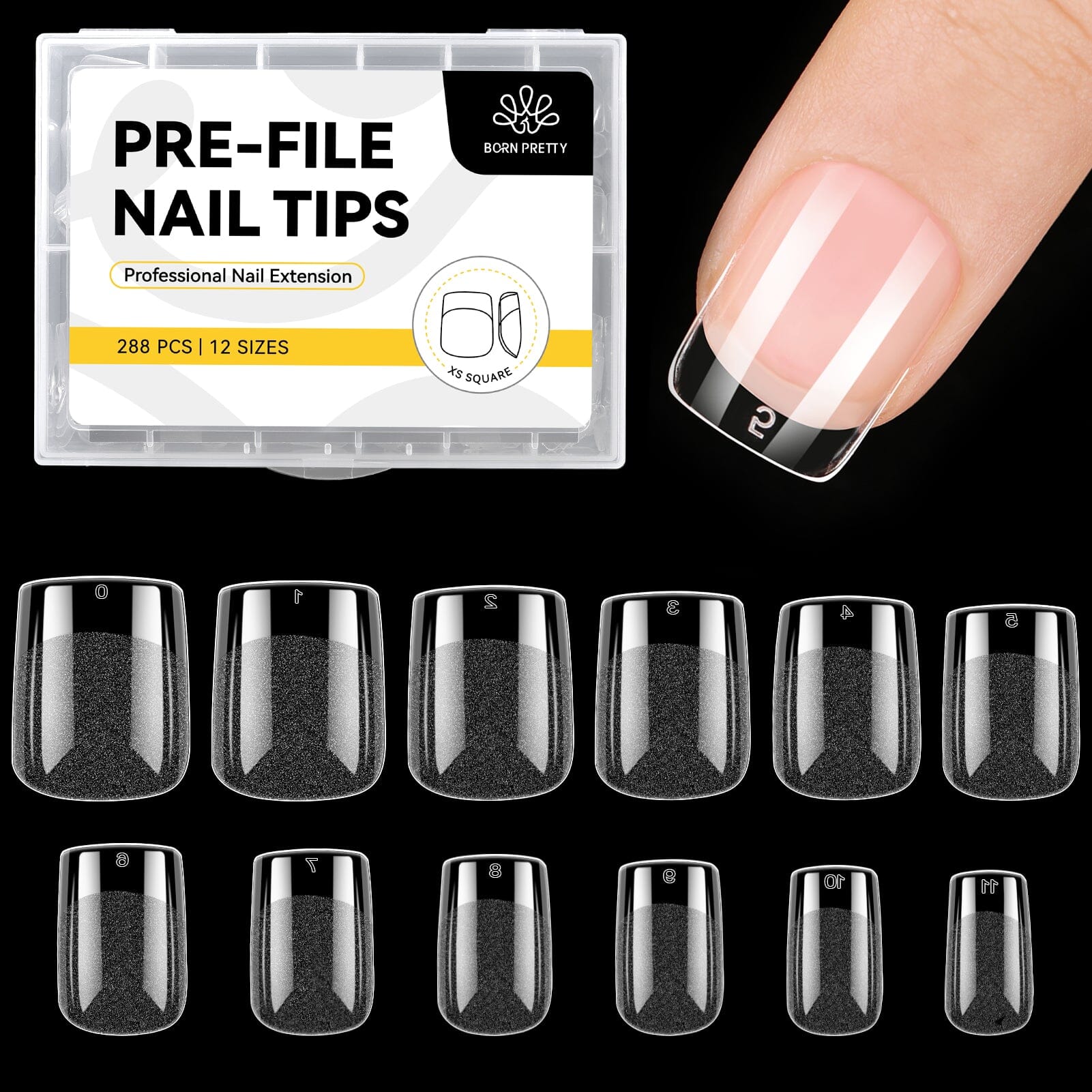 288pcs XS Square Pre-Filed Nail Tips - 12 Different Sizes for Acrylic & Gel Nails - Perfect for Salon, DIY Manicures & Nail Art