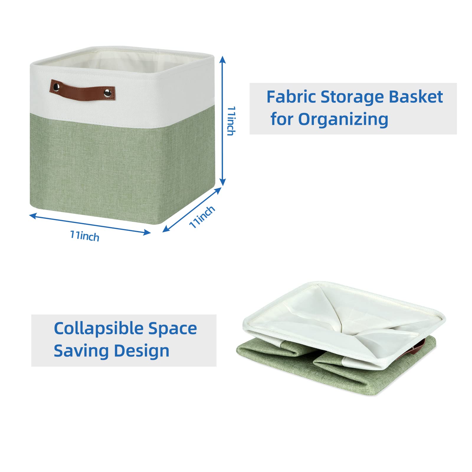 11 Inch Fabric Storage Baskets 4-Pack - White & Green Cube Organizer Bins with Handles for Shelves, Clothes, Toys & Home Decor | Perfect for Bedroom, Closet & Nursery Organization