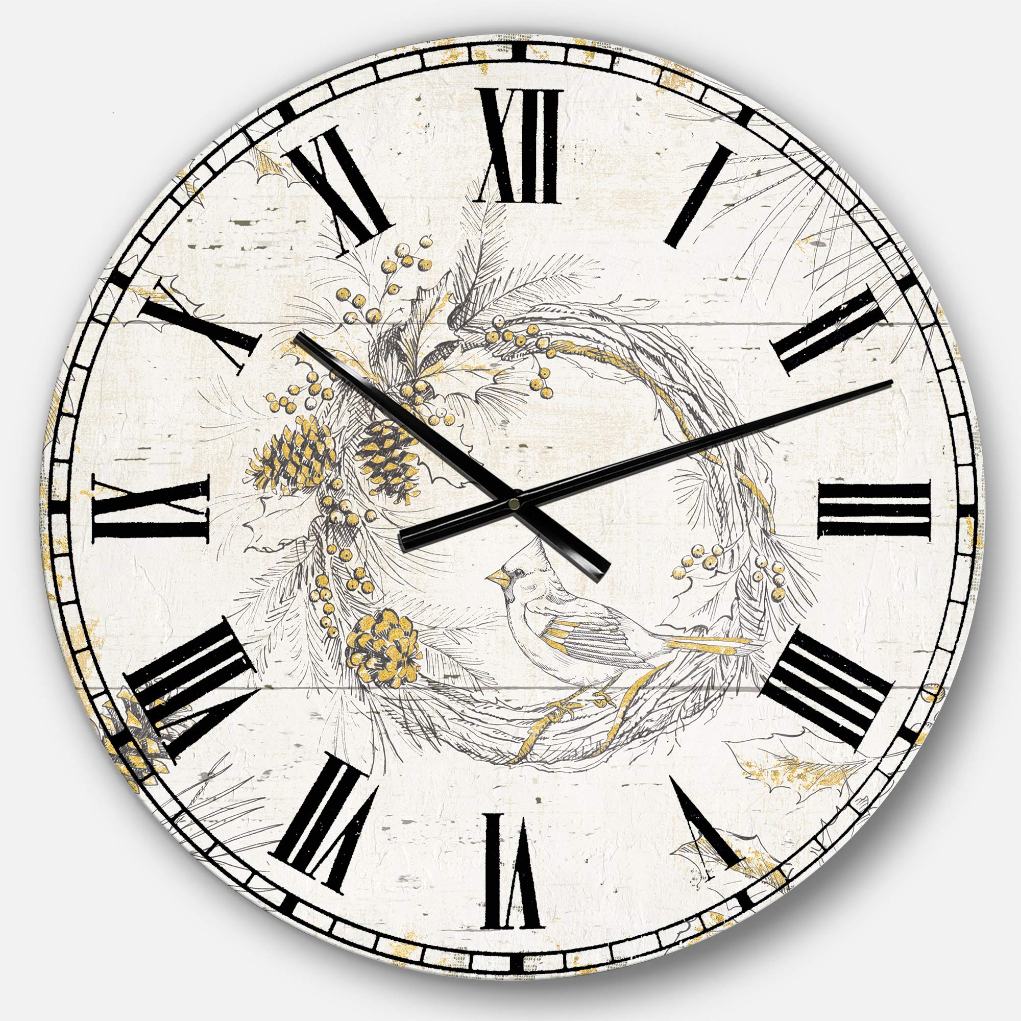 Designart Gold Cardinals Wall Art - Traditional Round Metal Wall Clock for Home, Living Room, Bedroom & Office Decor | Perfect for Farmhouse, Rustic & Vintage Style Interiors