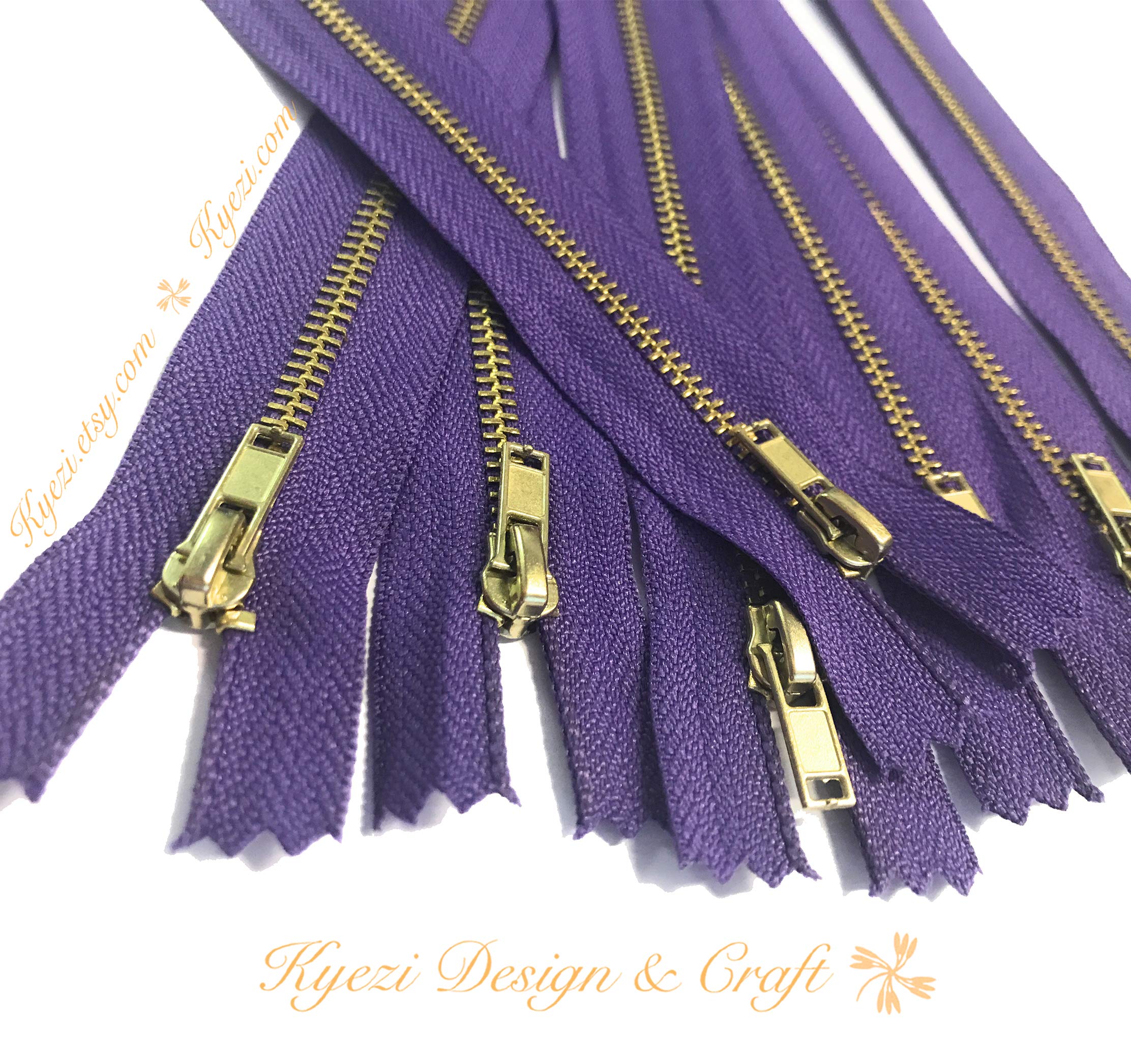 10-Pack Brass Gold Metal Teeth Zippers - Kyezi Design & Craft for DIY Projects (5 Inch, Purple) - Perfect for Handbags, Jackets & Fashion Accessories