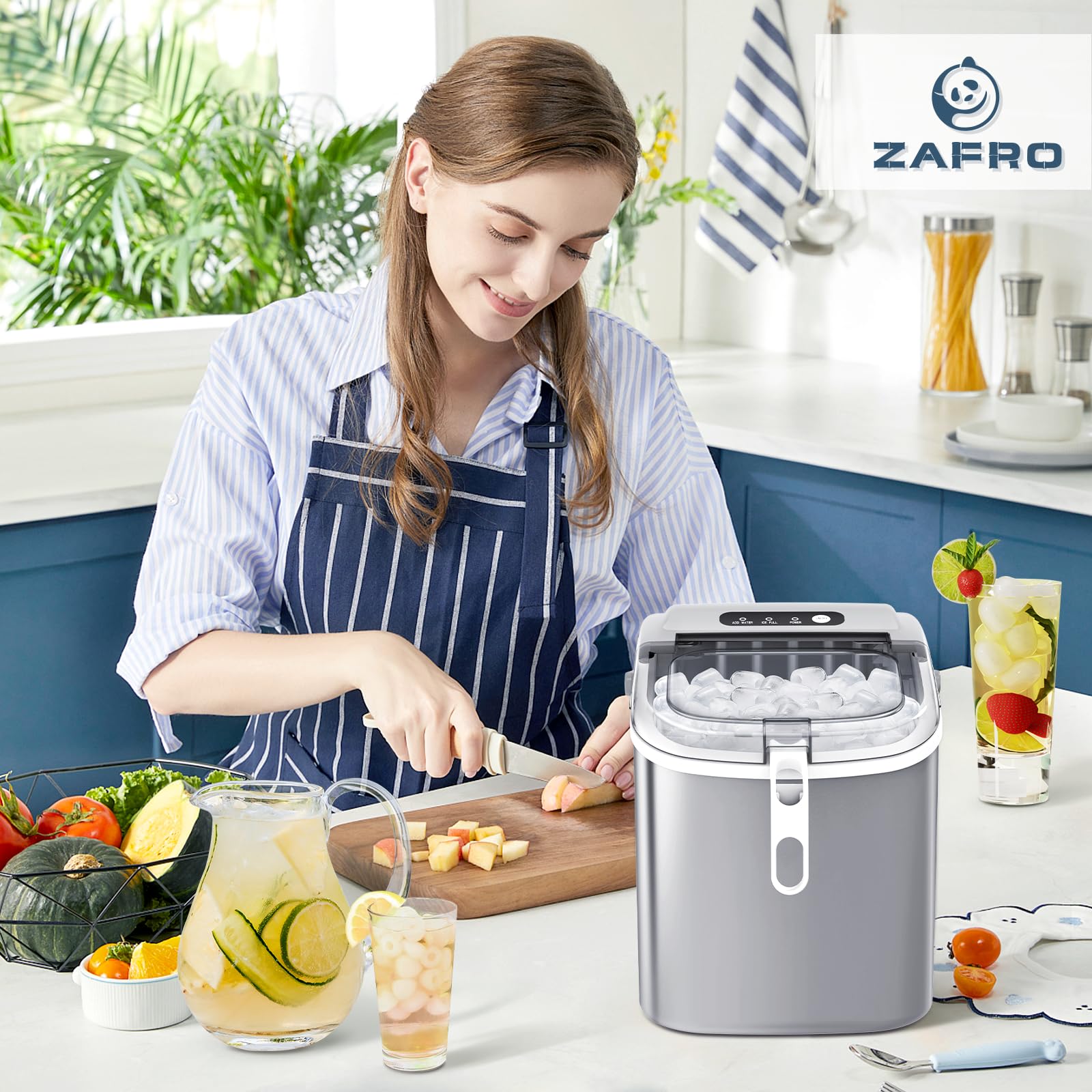 ZAFRO Portable Countertop Ice Maker Machine - 26 lbs Daily, 9 Cubes in 6 Mins, Self-Cleaning with Ice Basket & Scoop - Compact Ice Machine for Home Kitchen, Office, RV, Camping & Outdoor Parties (Grey)