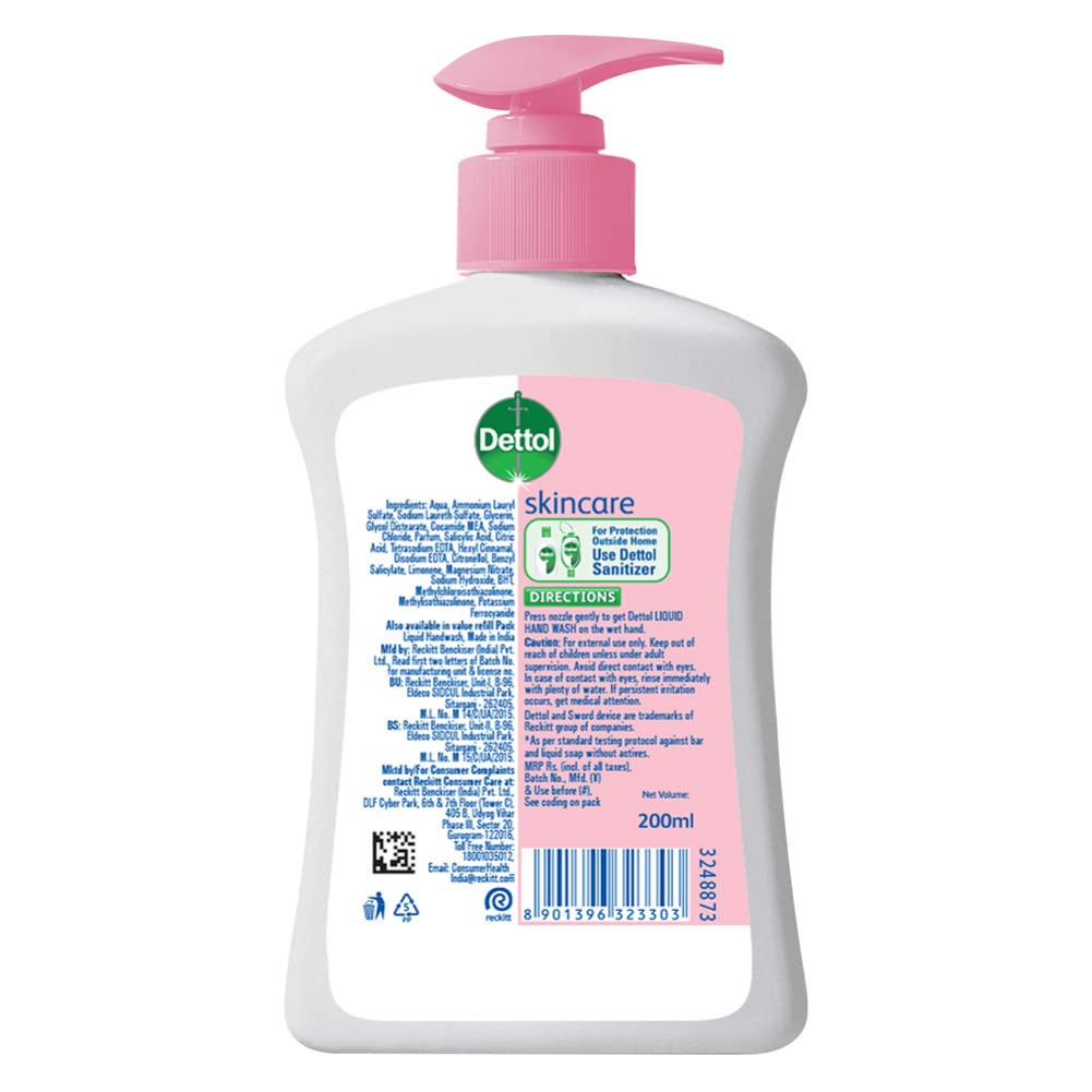 Dettol Liquid Hand Wash Dispenser Bottle Pump - Moisturizing & pH Balanced Hand Soap for Skincare (Pack of 3, 200ml Each) | 10X Germ Protection | Ideal for Home, Kitchen, Bathroom & Office Use