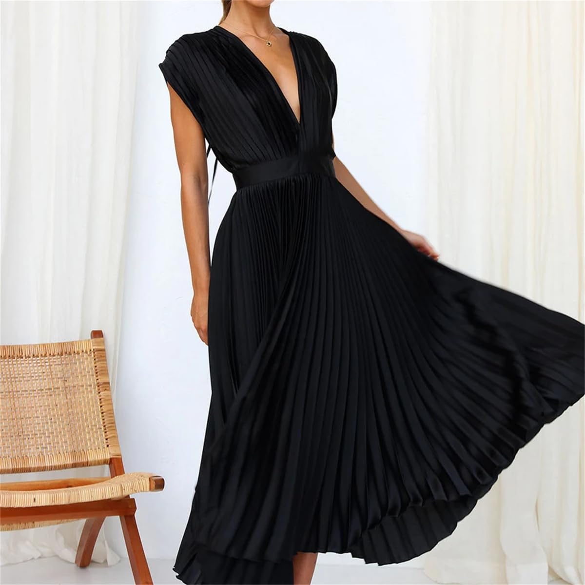 Women's Summer Sexy Pleated Dress - Casual Loose Zipper V-Neck Sleeveless Flowy Dress for Beach, Party & Vacation | Trendy & Comfortable