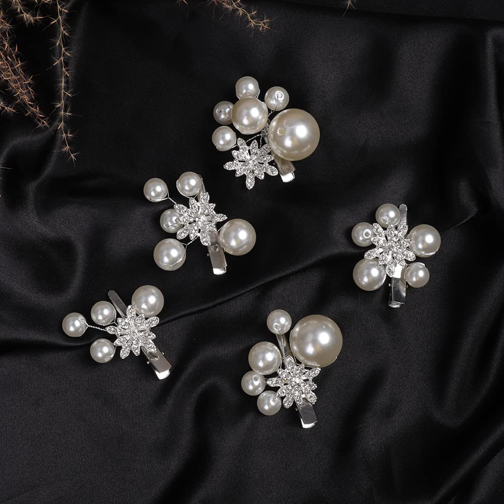 Jumwrit Pearl Rhinestone Bridal Hair Clips - 5PCS Handmade Crystal Wedding Hairpins for Women & Girls | Silver Floral Hair Accessories for Bride & Bridesmaid | Perfect for Weddings, Prom, Parties & Special Occasions