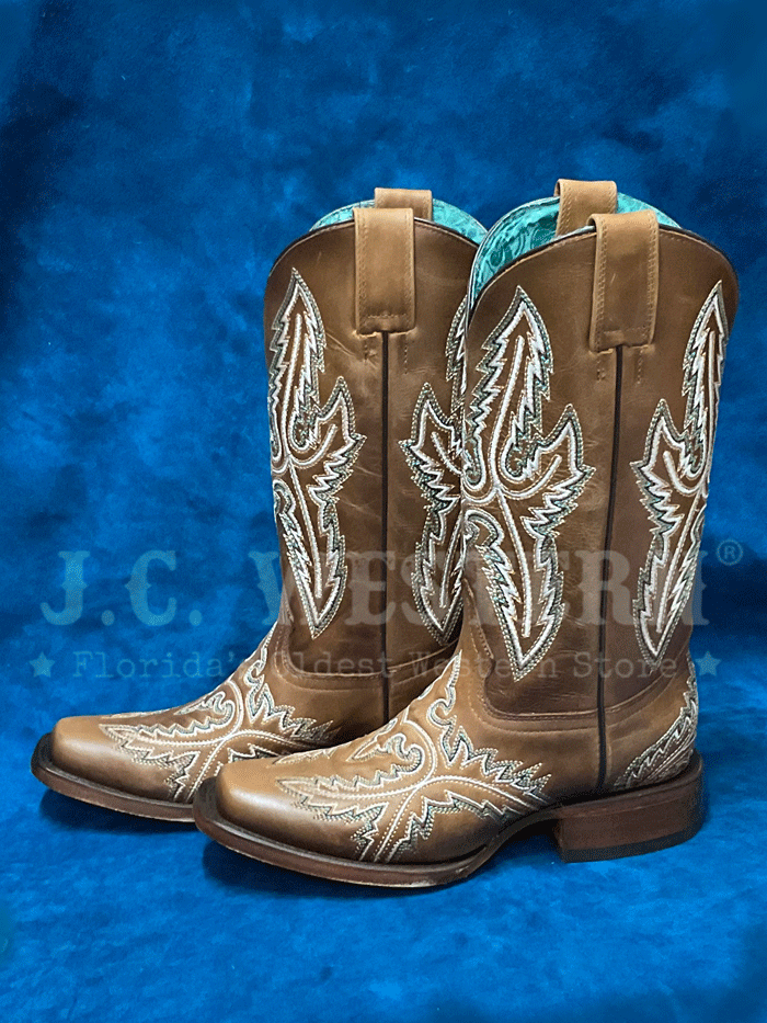 Corral B5008 Women's Floral Embroidery Western Boots - Square Toe Cowgirl Boots in Golden Tan for Rodeo, Country Dancing & Western Fashion