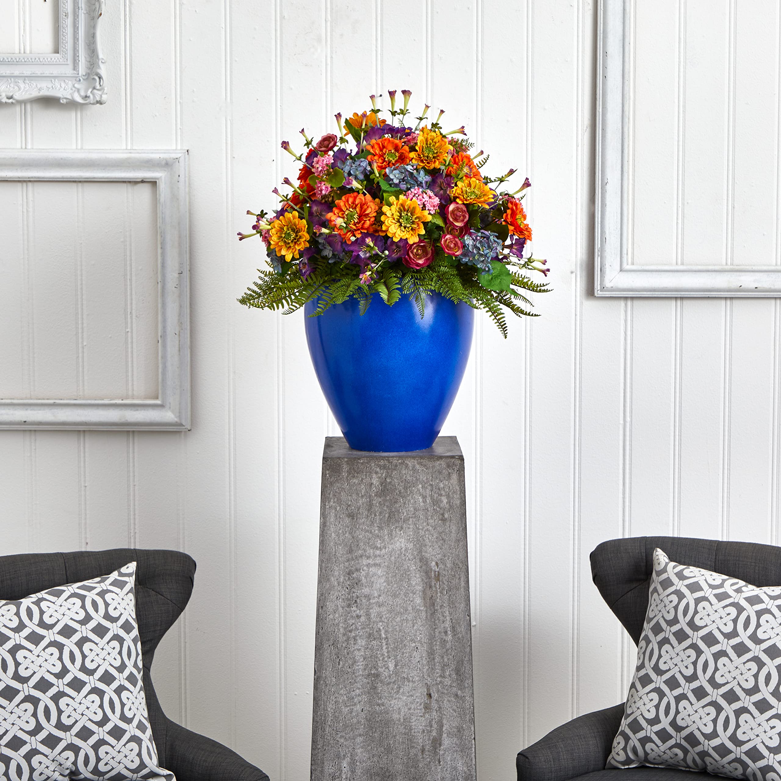 Nearly Natural Giant Mixed Floral Artificial Arrangement in Blue Vase - Lifelike Home Decor for Living Room, Office, or Wedding Centerpiece