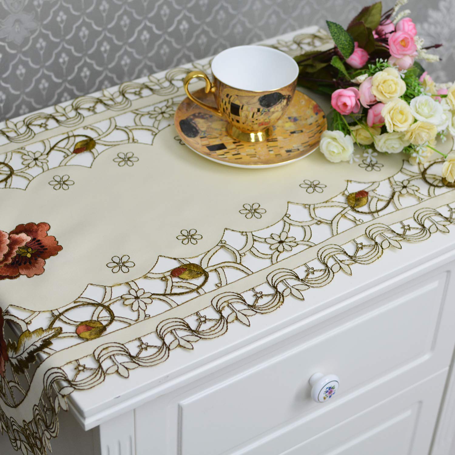 USTIDE Handmade Oval Embroidery Rose Table Doily 15.7x33.6 Inches - Beige Flower Table Cover, Durable & Washable Lace Tablecloth for Coffee Tables, Dining Tables, and Home Decor