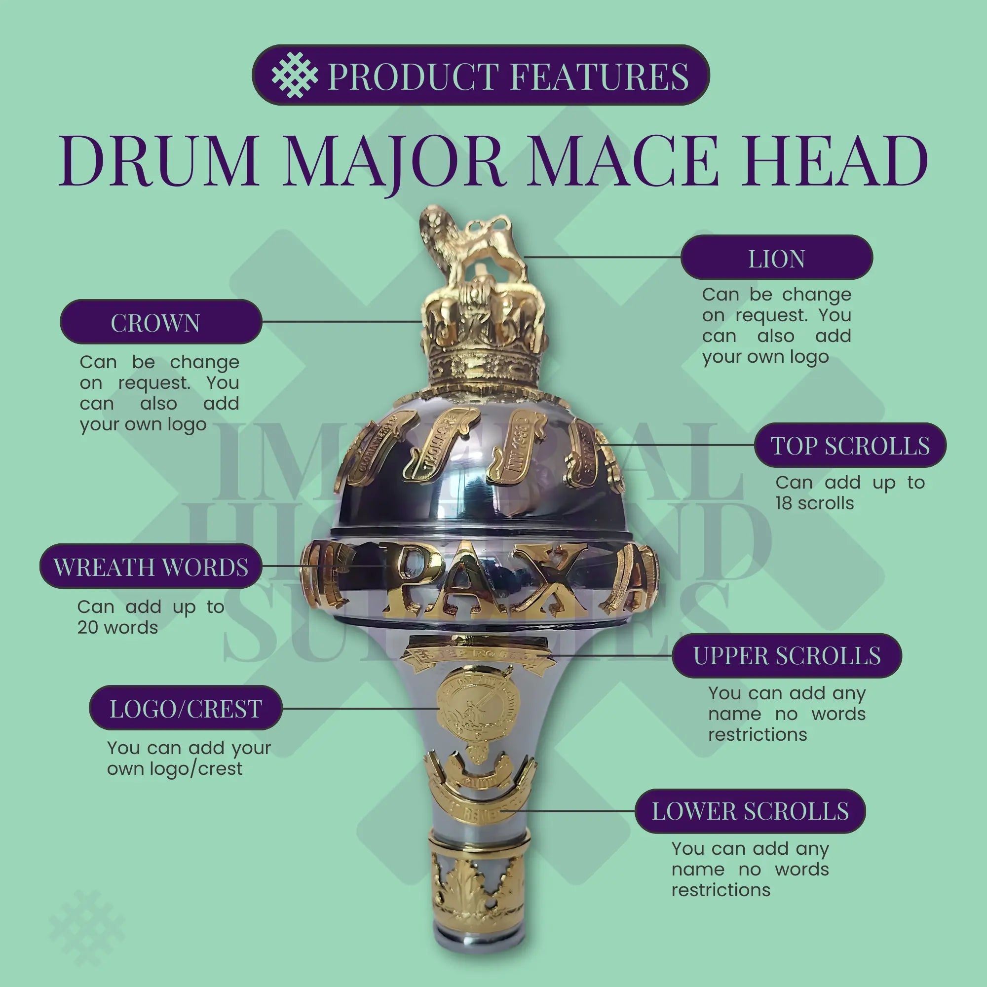 Custom Made Ceremonial Drum Major Mace with Battle Honors - Perfect for Parades, Military Ceremonies & Marching Band Performances
