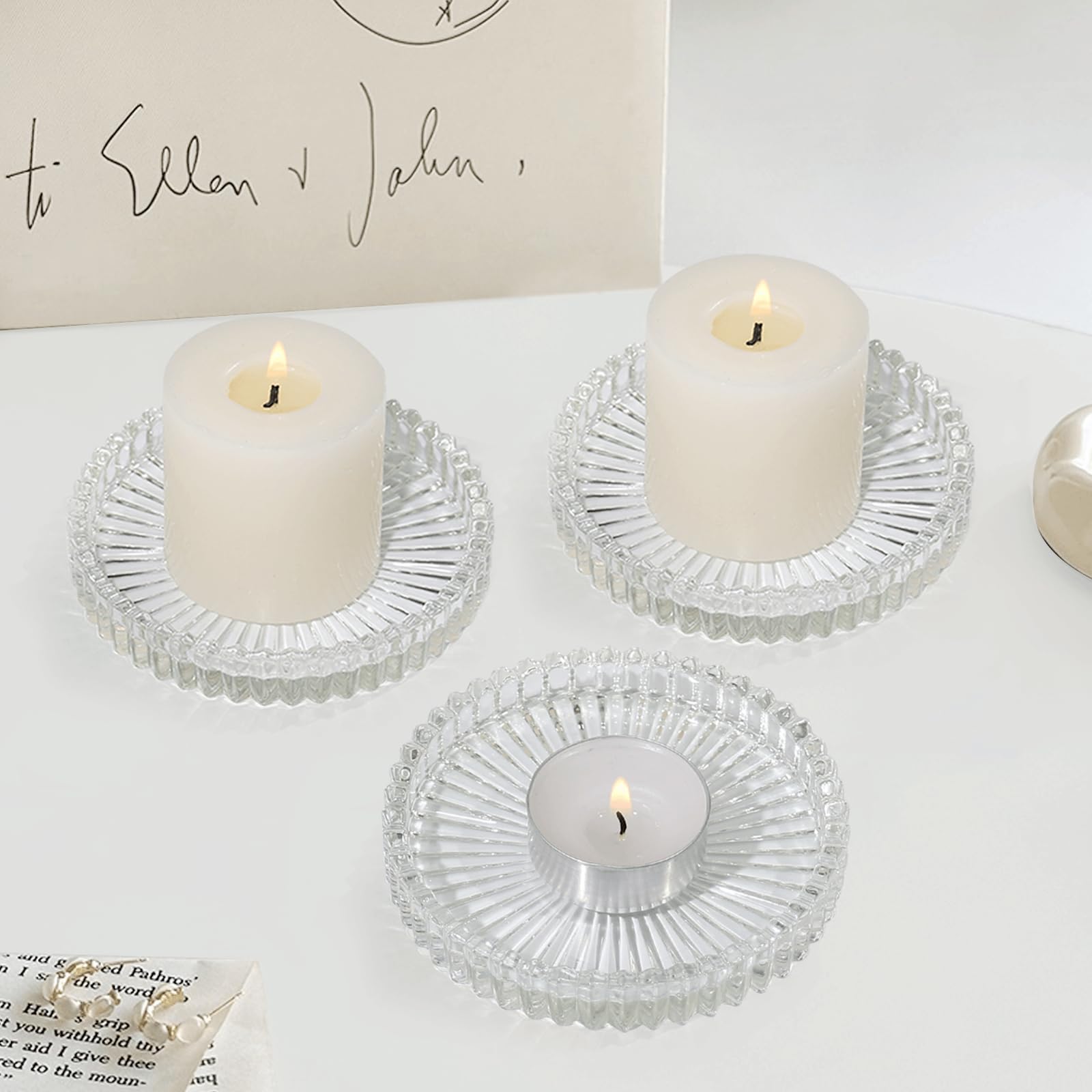 Clear Glass Pillar Candle Holders - Set of 6 (4 Inch) for Wedding Centerpieces, Party Decor, Holiday Table Settings & Home Decoration - Elegant Candle Plates for Romantic Dinners, Christmas Decorations & Special Events