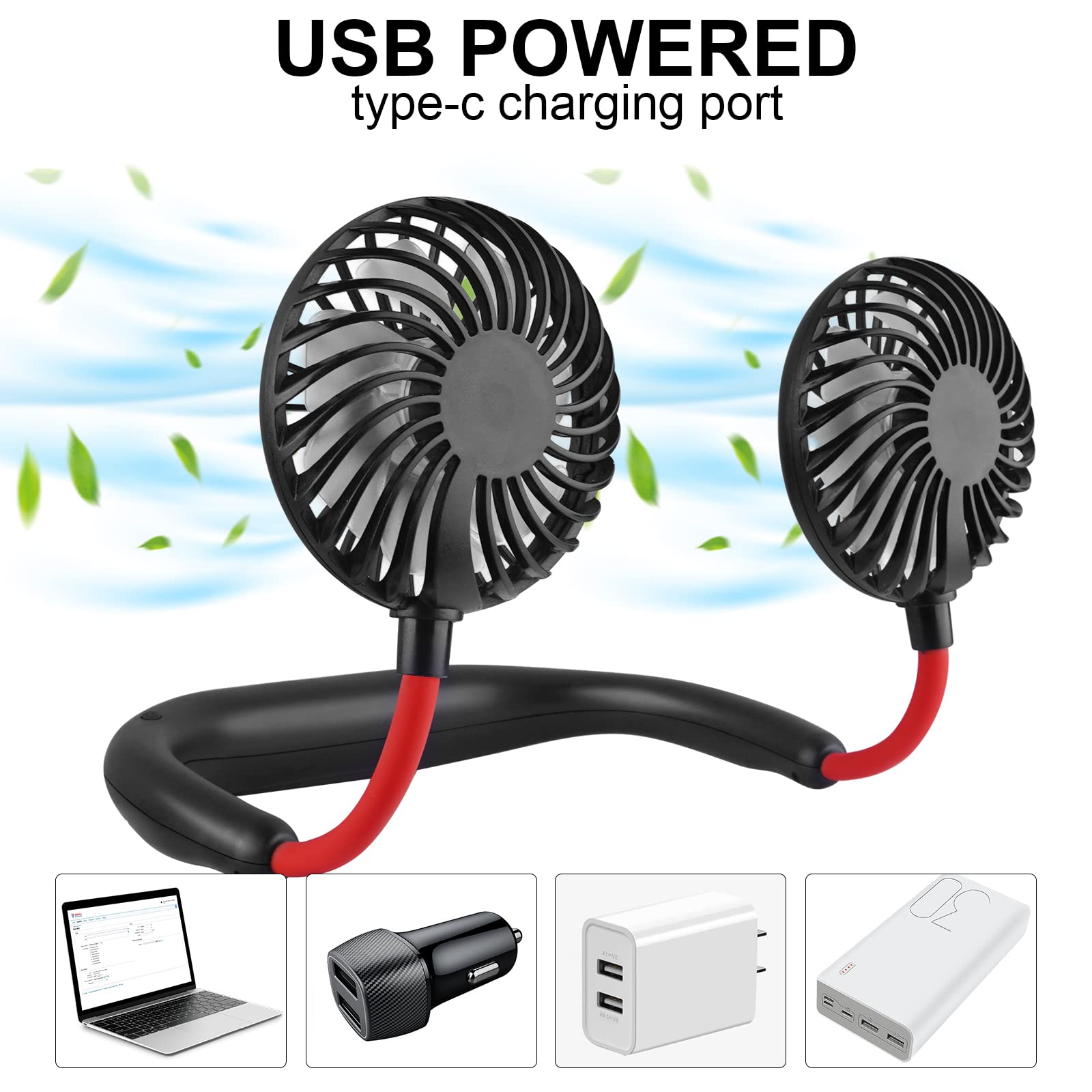 Rechargeable Neck Fan - Hands-Free Wearable Mini Fan with 2500mAh USB Battery, Dual Head Personal Cooling Fan for Office, Travel, Outdoor Sports & Home Use - Perfect for Working, Reading, Gym & Summer Activities